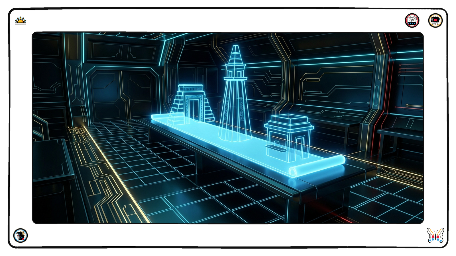 A long dark neon workshop where a single glowing blueprint scroll unrolls across a bench and three separate finished structures rise directly out of it — an archway, a tower and a small kiosk — each one traced in the same light as the blueprint beneath them, with no second blueprint anywhere in the room.