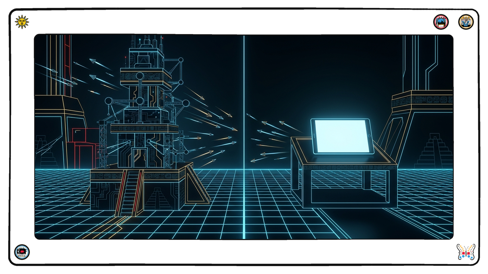 An immense dark neon grid split down the middle: on the left a tall elaborate multi-tiered protocol tower bristling with connectors and scaffolding, on the right a simple low open plinth holding a single flat glowing tablet, with small angular light-vessels visibly choosing the plinth and leaving a widening empty lane before the tower.