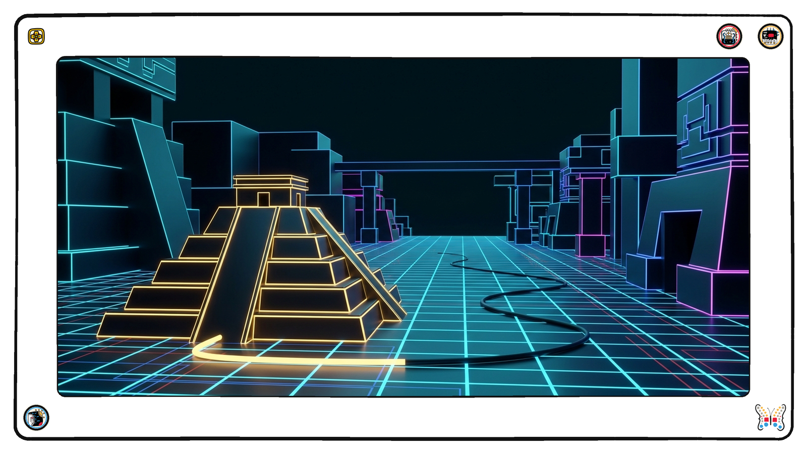 An intact newly-lit gold structure standing on the neon grid, with a single conduit running away from it that goes dark a short distance out and lies unlit across the floor into the distance, never reaching anything.
