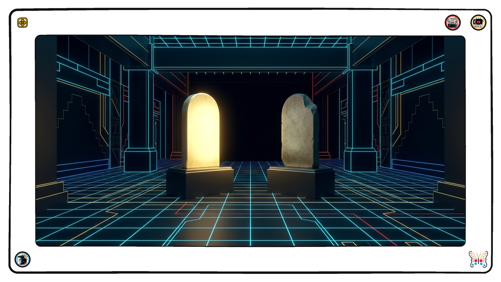 A foundation vault holding two enormous stone tablets on separate plinths — the left freshly cut, clean and brightly gold-lit, the right older, dimmer and chipped at one corner — with no walkway between the two plinths.