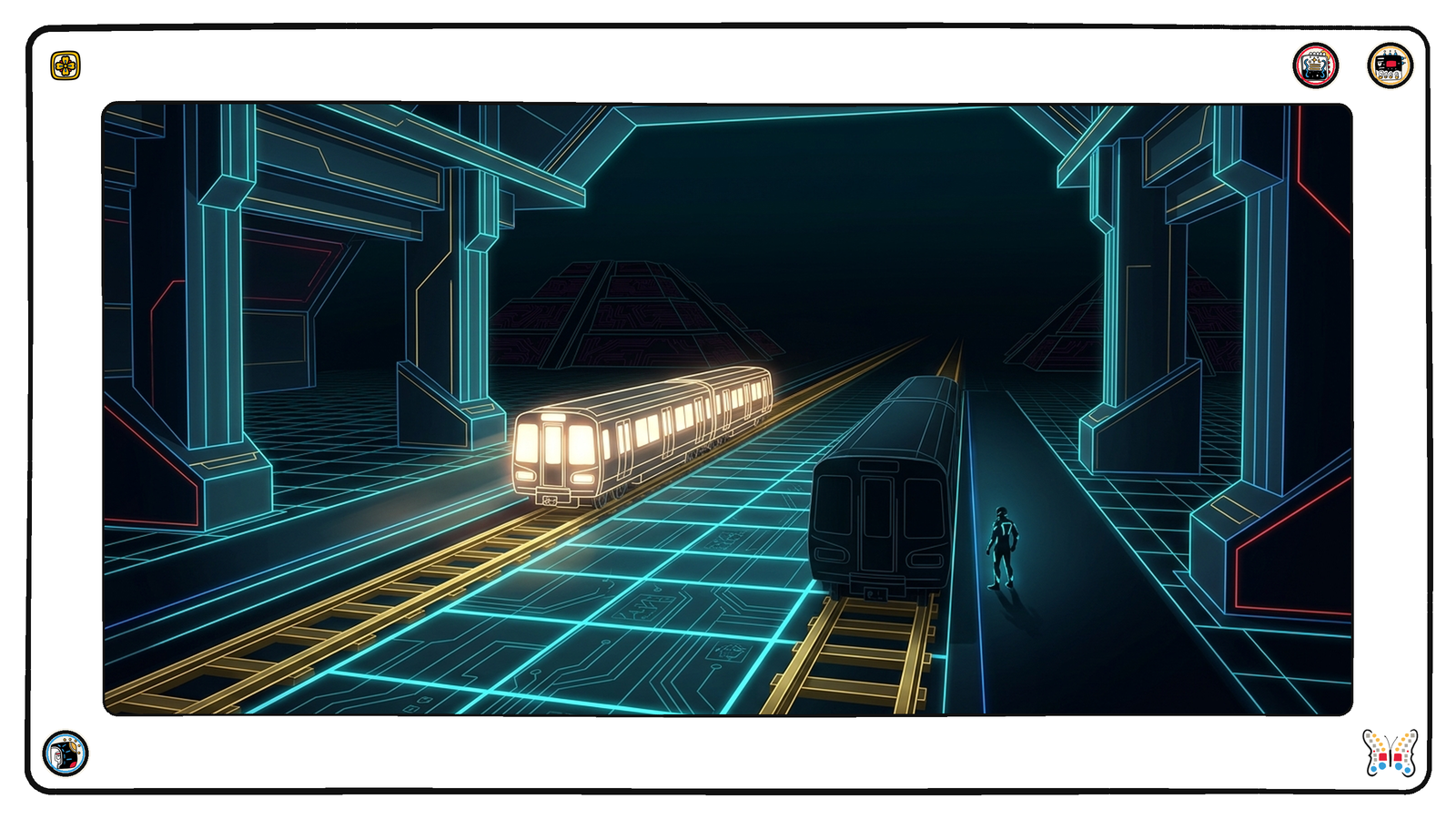 Deep beneath the neon grid, two parallel gold rail tracks run out of a foundation vault: on one, a lit carriage has departed and is well down the line; on the other, an identical carriage sits dark and unmoved at the platform with a single small figure watching the first one go.