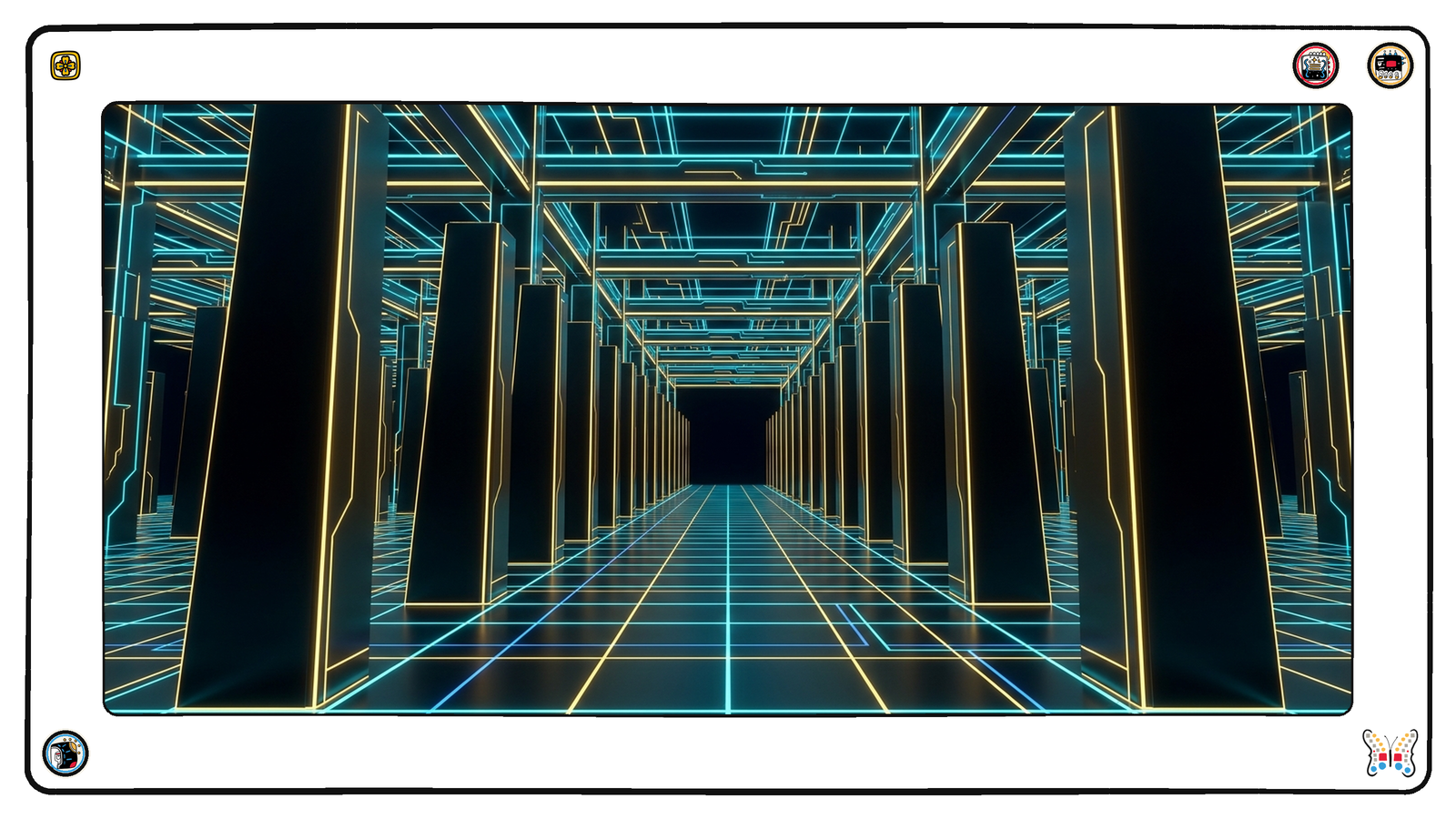 A long subterranean colonnade of tall blank dark monoliths receding into blackness, their edges traced in cold gold, standing silent while the load-bearing neon grid runs on past all of them.