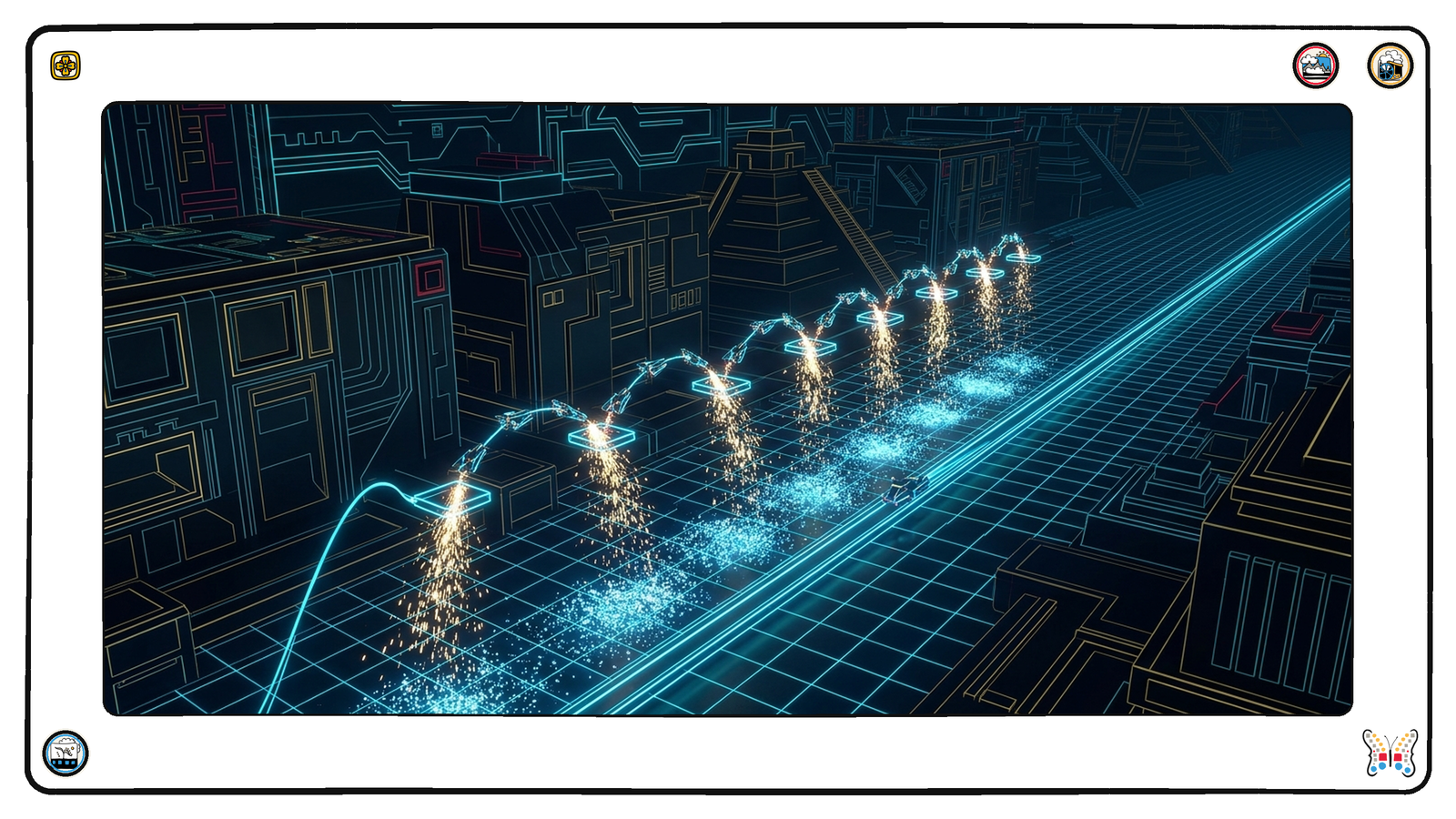 A vast dark neon grid where a long chain of small angular light-vessels hops between glowing waypoints, each hop shedding a bright shower of spark-motes that drift down and pile into a deep luminous drift on the ground, while beside them one vessel runs a single continuous rail and sheds almost nothing.