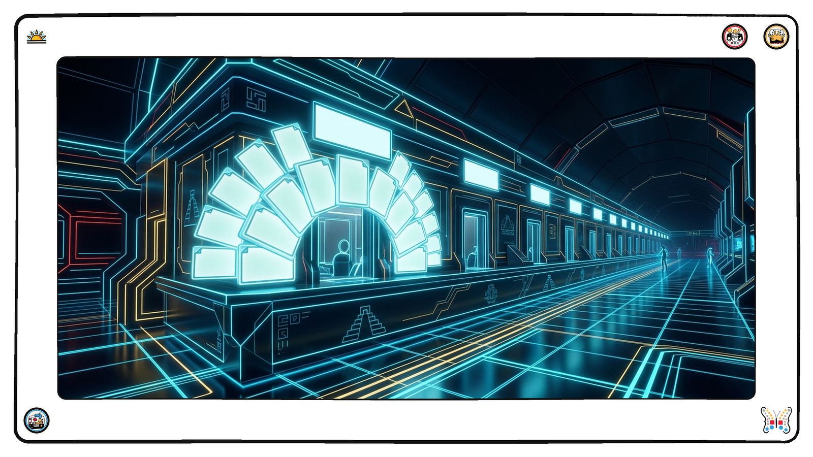 A dark neon help-desk hall where a single service window has grown an enormous fan of twenty-odd glowing document panels arrayed around it in a dense arc, dwarfing the handful of plain single panels above every other window along the counter.