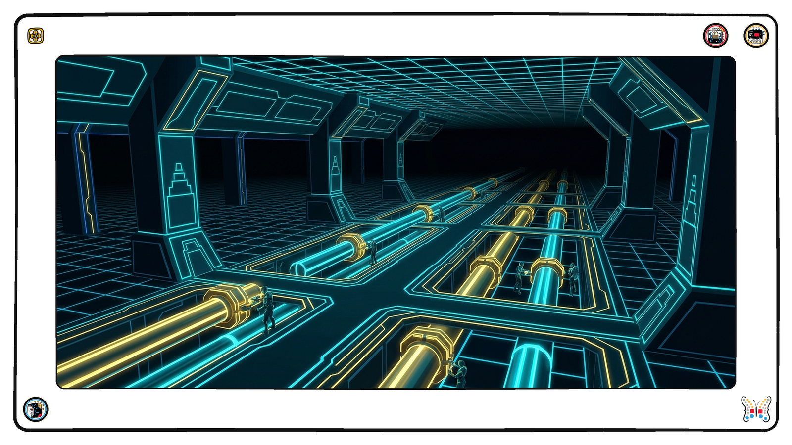 A subterranean conduit hall beneath the grid where four separate pipe runs each carry a fresh gold seal clamped shut along their length, all four glowing, tiny figures moving between them with tools.