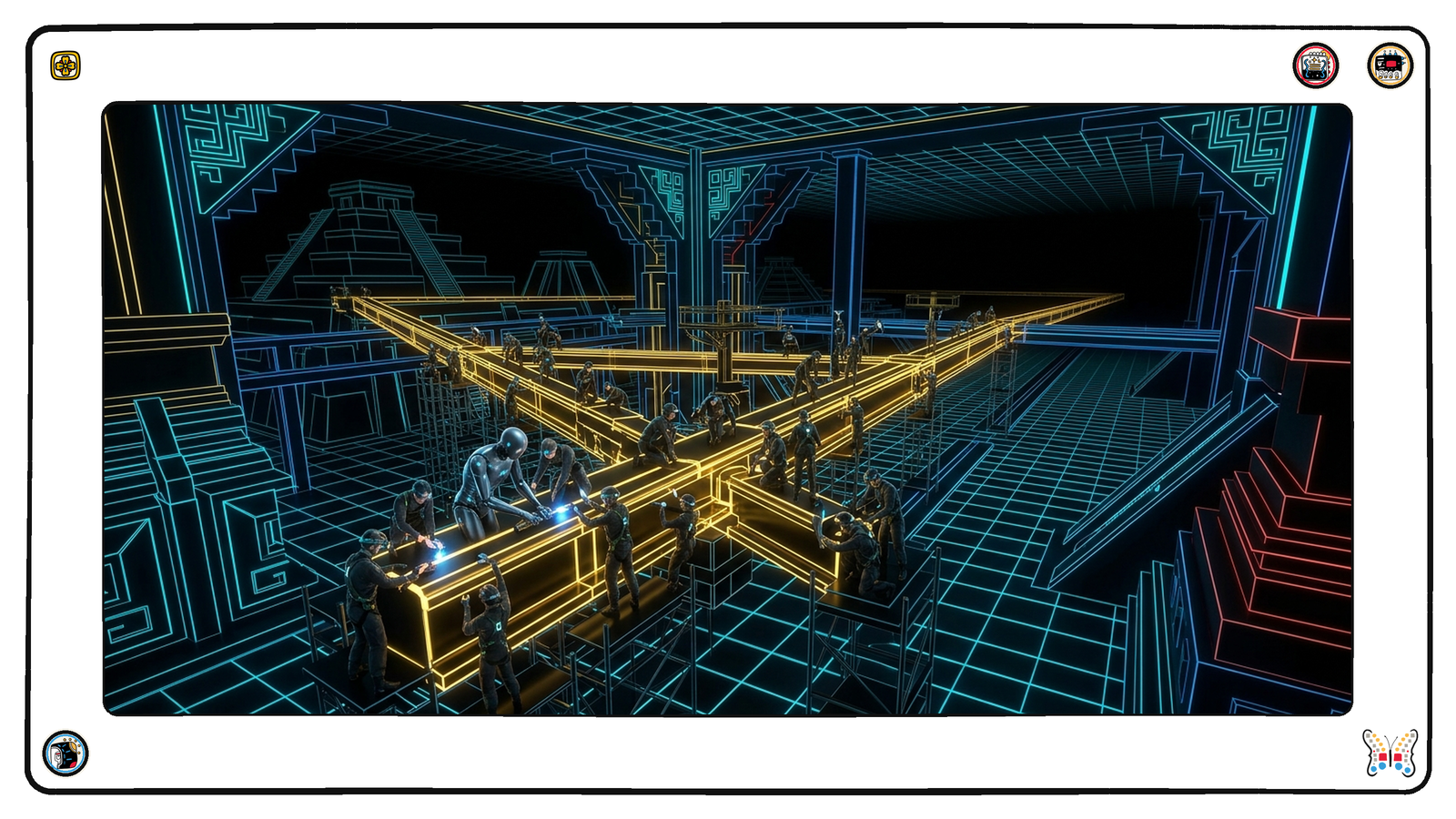 An understructure beneath the neon grid where a large crew of small figures swarms over a long gold-lit beam assembly that is nearly complete, one figure among them a smooth featureless automaton working alongside the rest with the same tools.