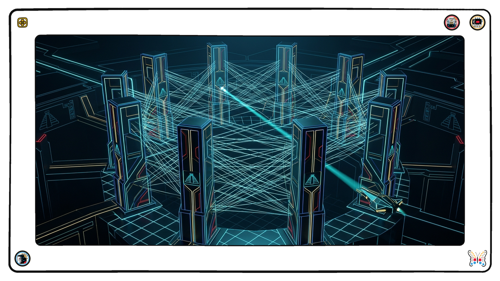 A long dark neon gallery where nine tall luminous pillars stand in a loose ring, each joined to several others by fine bright filaments, the filaments crossing the open centre in a dense legible lattice, while a single small angular light-vessel hovers at the ring's edge tracing one filament with its beam.