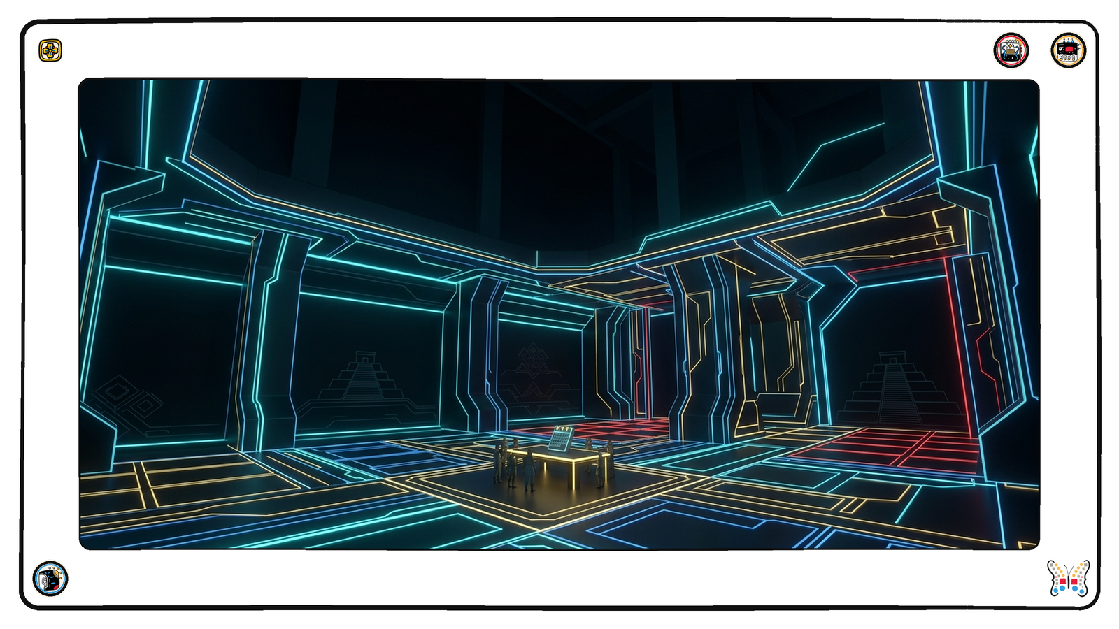 A small underground chamber beneath the grid where a handful of tiny figures stand around a low gold-lit table on which a single small calendar-like slab rests with one mark glowing, the vast dark understructure rising away above.