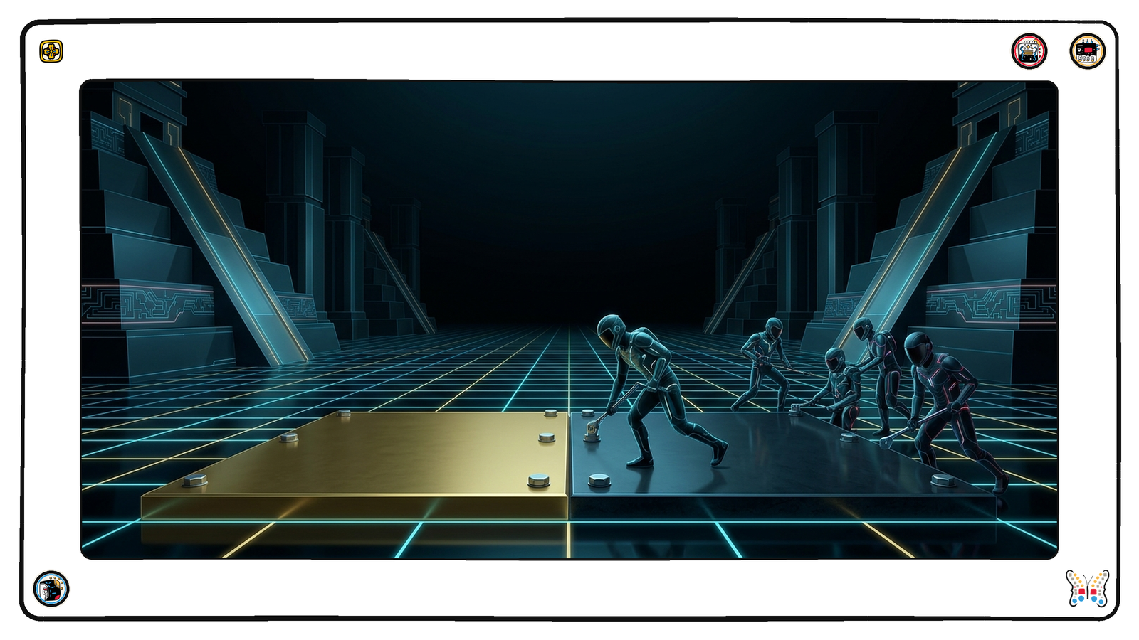 A deep foundation vault beneath the neon grid where a heavy new gold ledger slab has been bolted alongside an older plain stone tablet, fitting together edge to edge, a small crew tightening the last fastener.