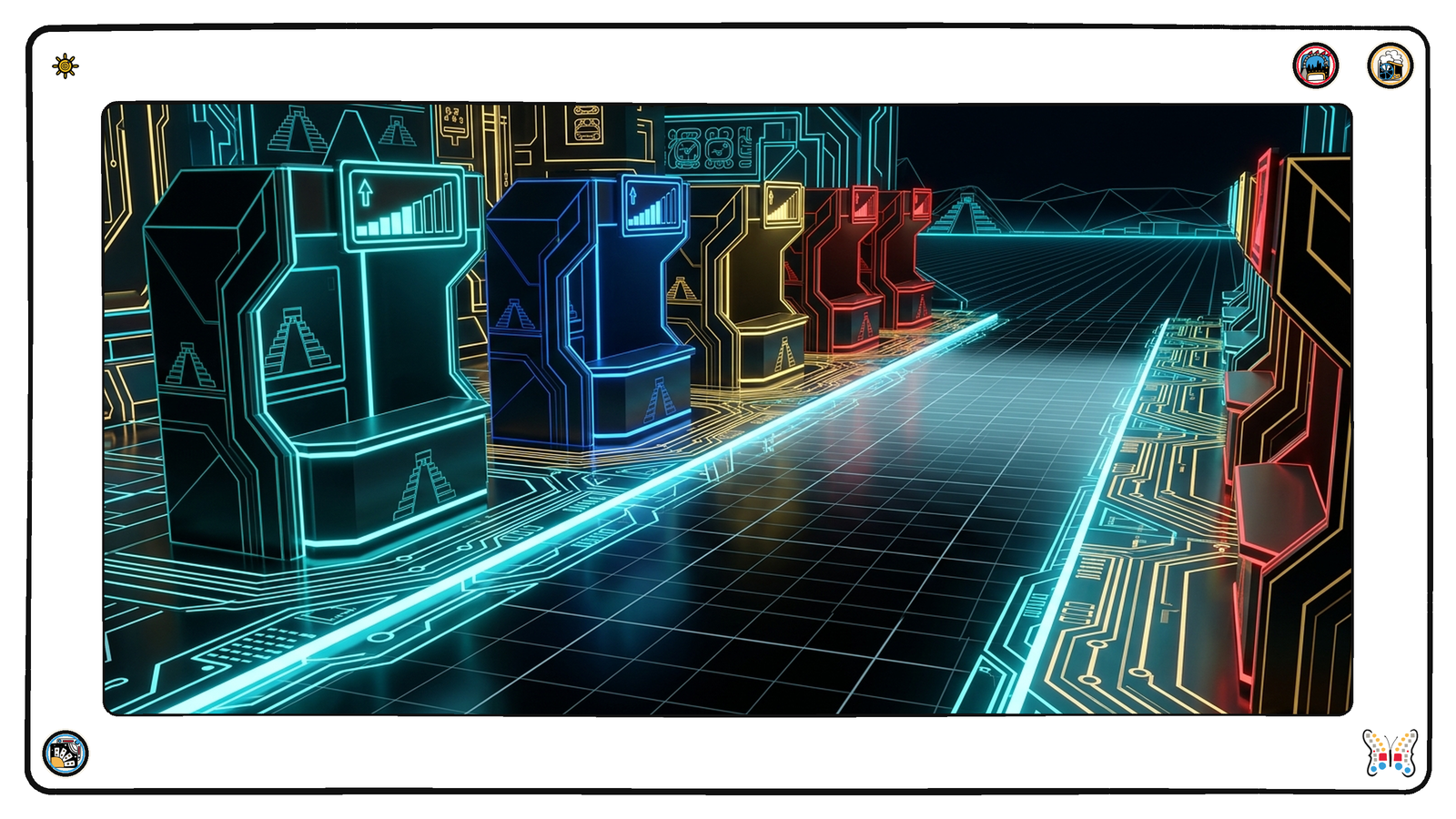 A dark neon marketplace avenue lined with tall angular service kiosks, each carrying a small bright rising meter on its face, the row receding into darkness along a single lit causeway.