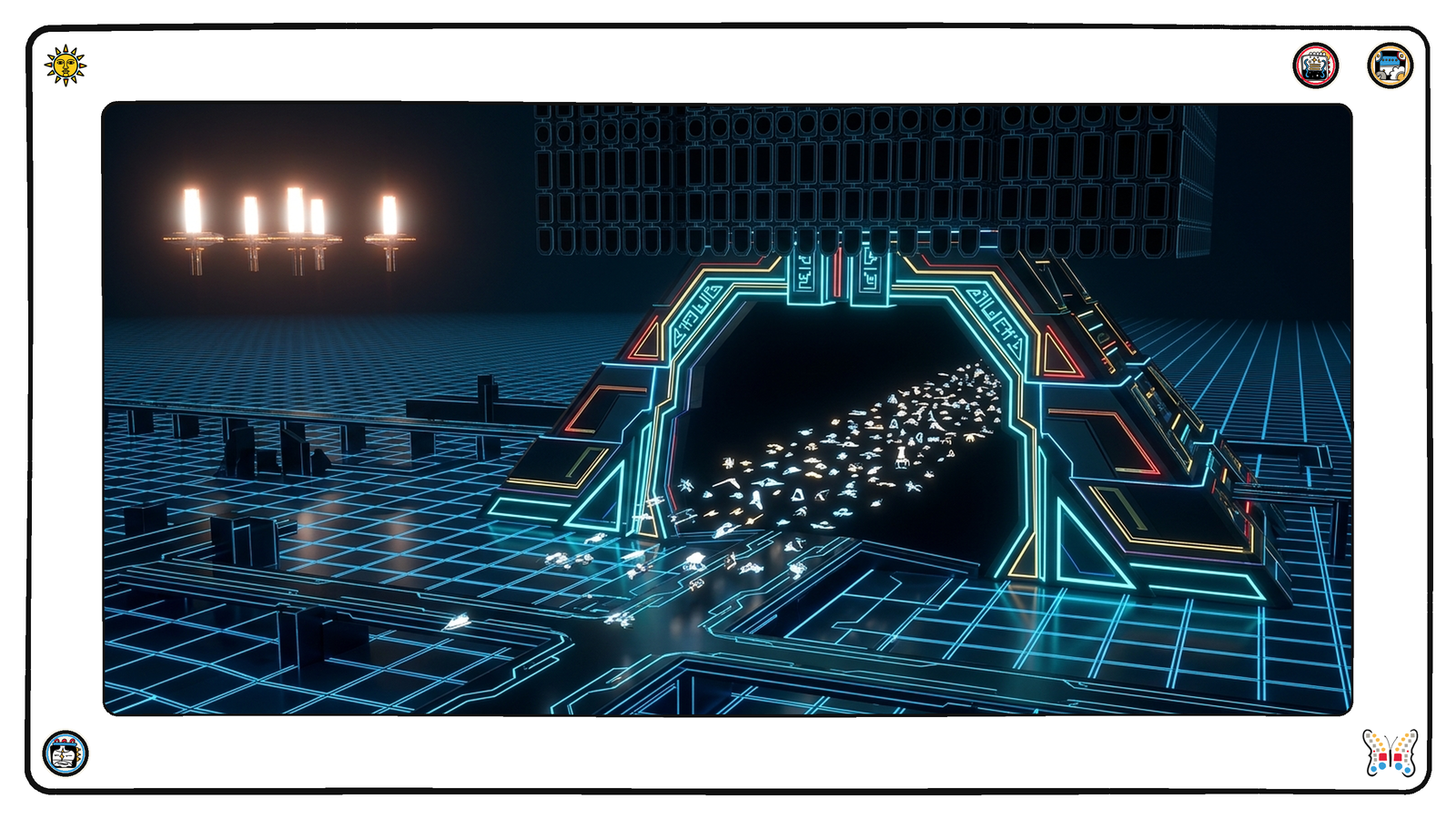 An immense dark neon grid where an enormous newly-lit gateway arch stands open with a dense stream of small angular light-vessels flowing through, and above the arch a vast bank of empty badge-holders hangs unfilled, each slot dark and waiting, while far to one side four older beacons burn brightly casting no light on the arch at all.