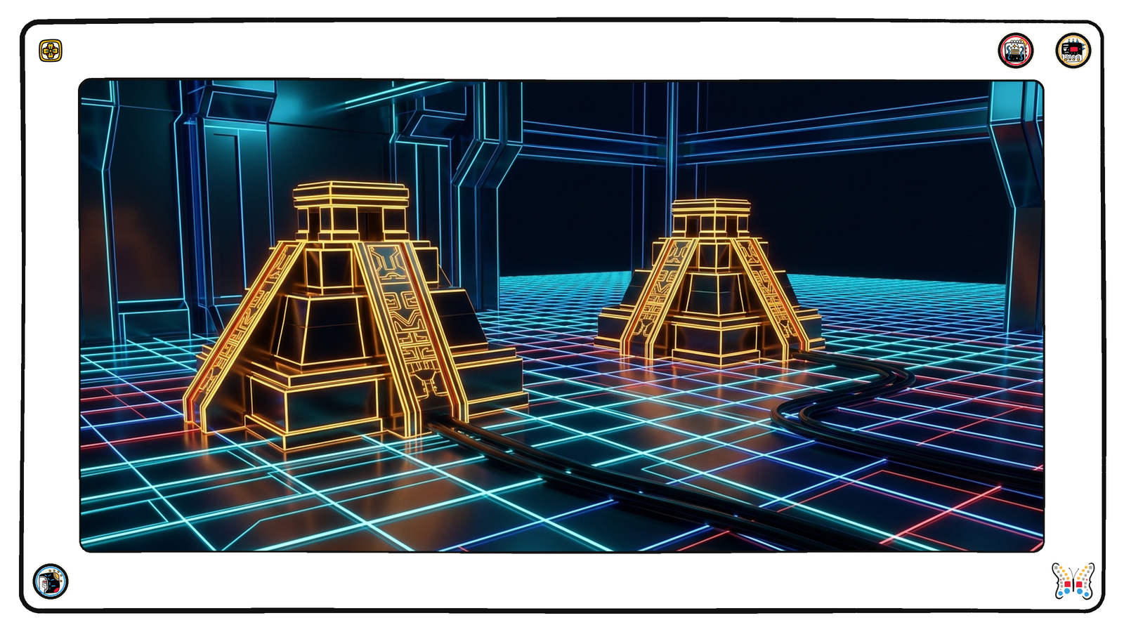 Two intact glowing gold structures standing on the neon grid, each with a conduit running away from it that goes dark a short distance out and lies unlit across the floor into the distance, neither one reaching anything.