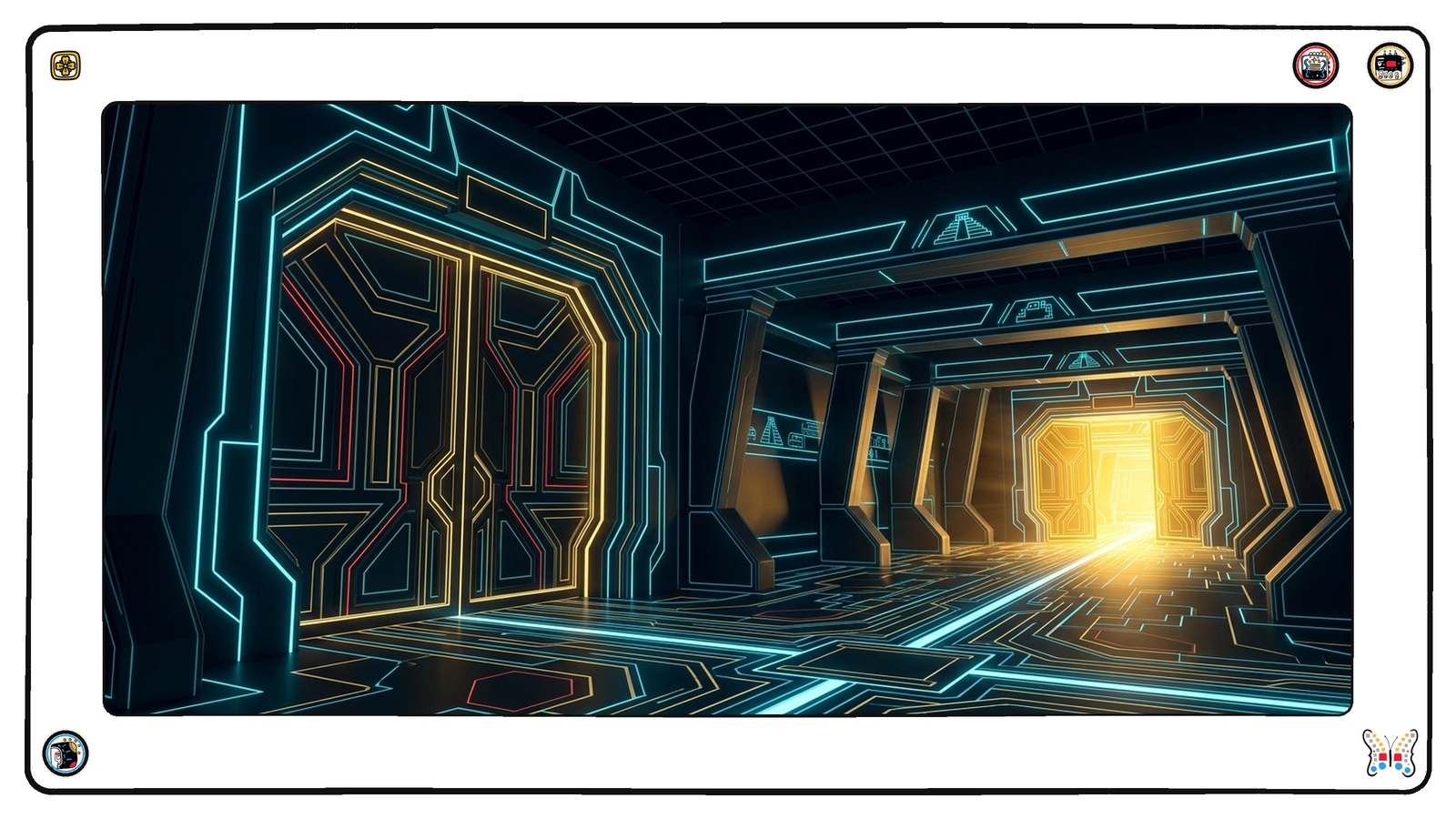 A foundation vault beneath the neon grid where one great gold gate has just been closed and its lamps switched off, while at the far end of the hall a long-shuttered smaller gate has been thrown open with warm gold light pouring out of it.
