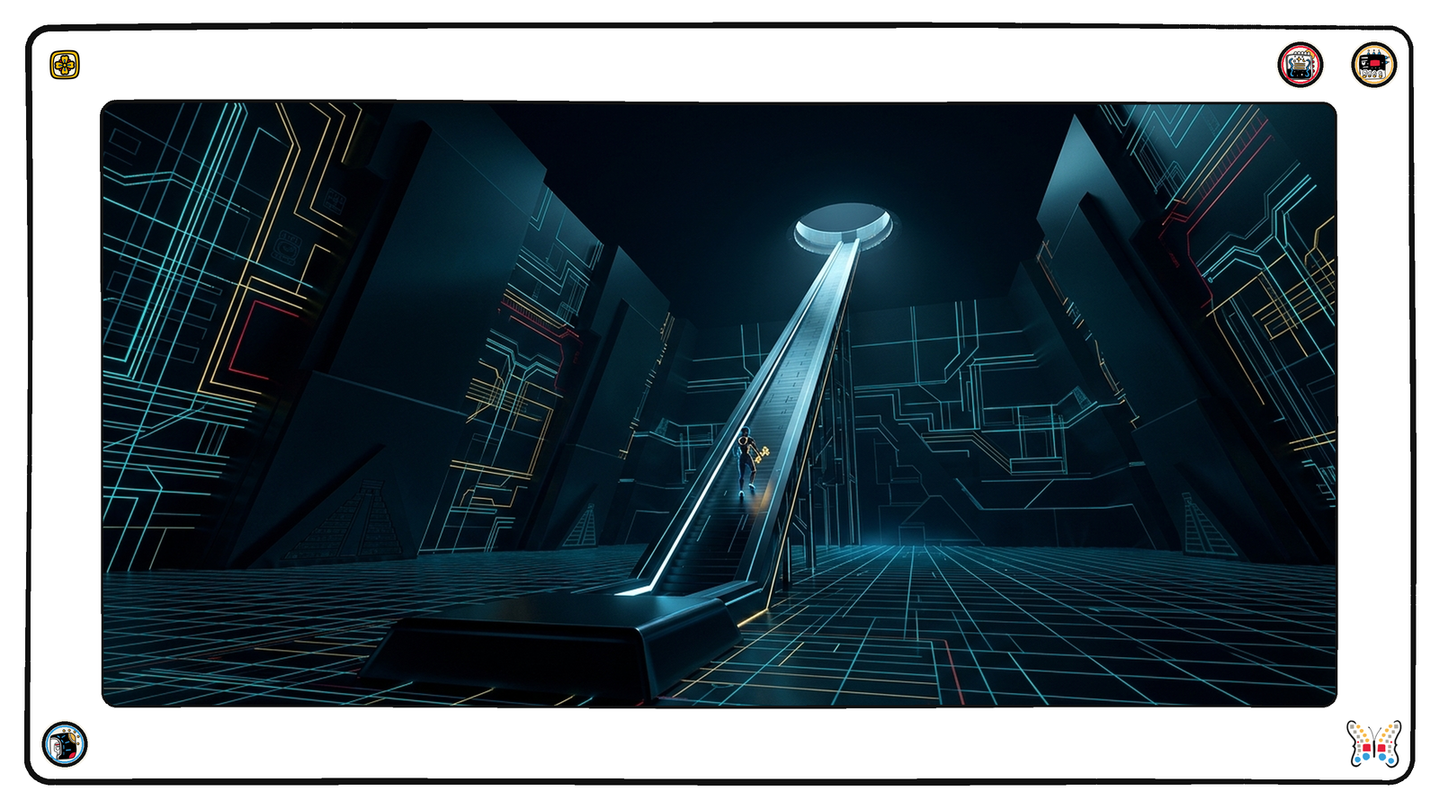 Deep beneath the neon grid, a small gold key sits on its plinth beneath a long lit ramp, and a lone figure has just lifted it and is carrying it up toward the light, the rest of the vast hall dark and still.