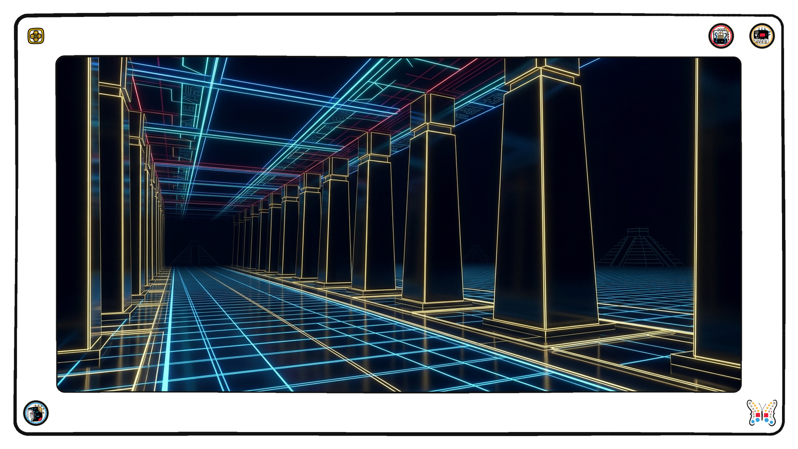A long subterranean colonnade of tall blank dark monoliths receding into blackness, their edges traced in cold gold, standing silent while the load-bearing neon grid runs on past all of them.