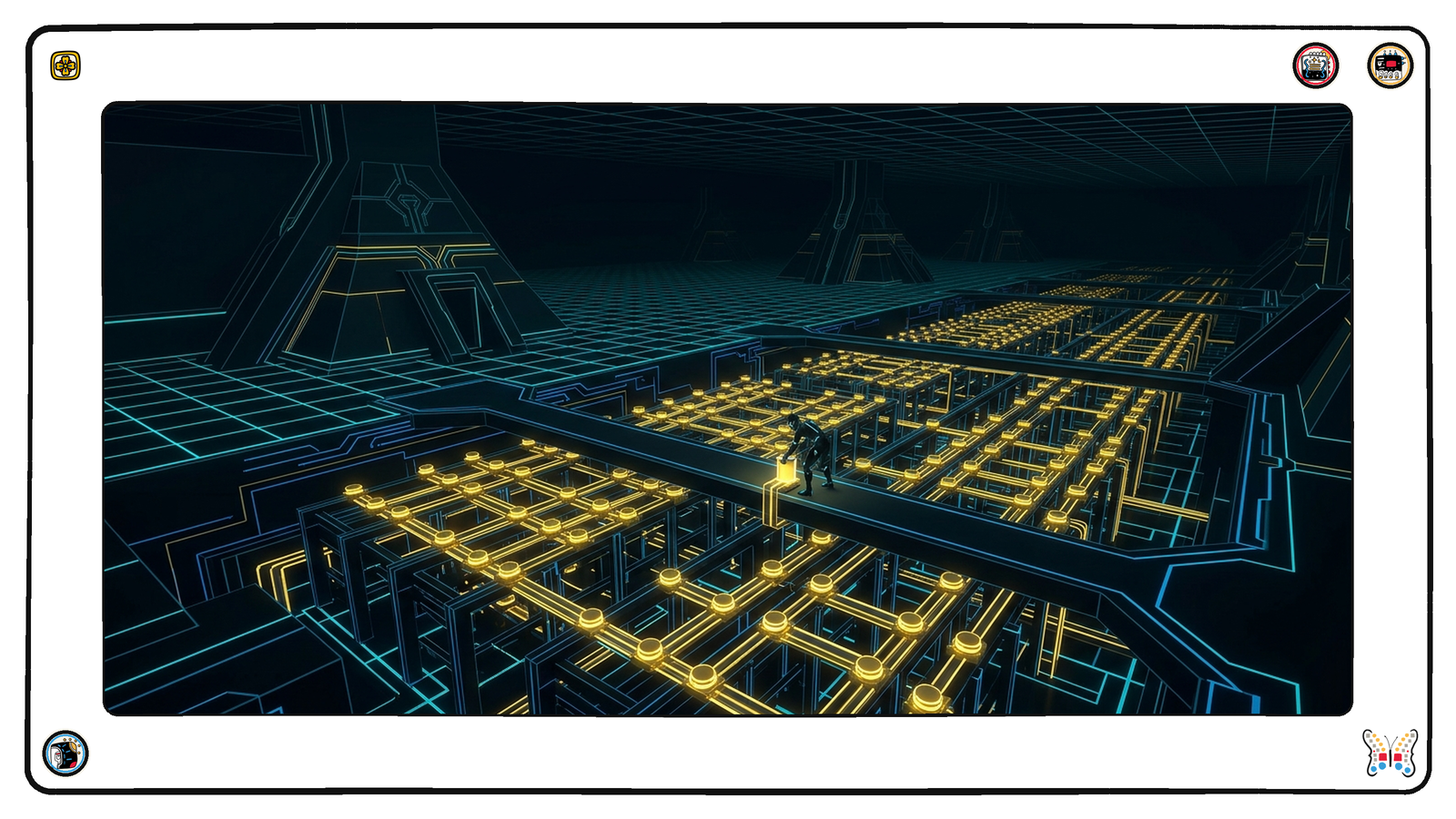 A vast underground junction hall beneath the neon grid, rows of glowing gold junction nodes linked by conduits, one small figure locking a single new node into place among hundreds already lit.