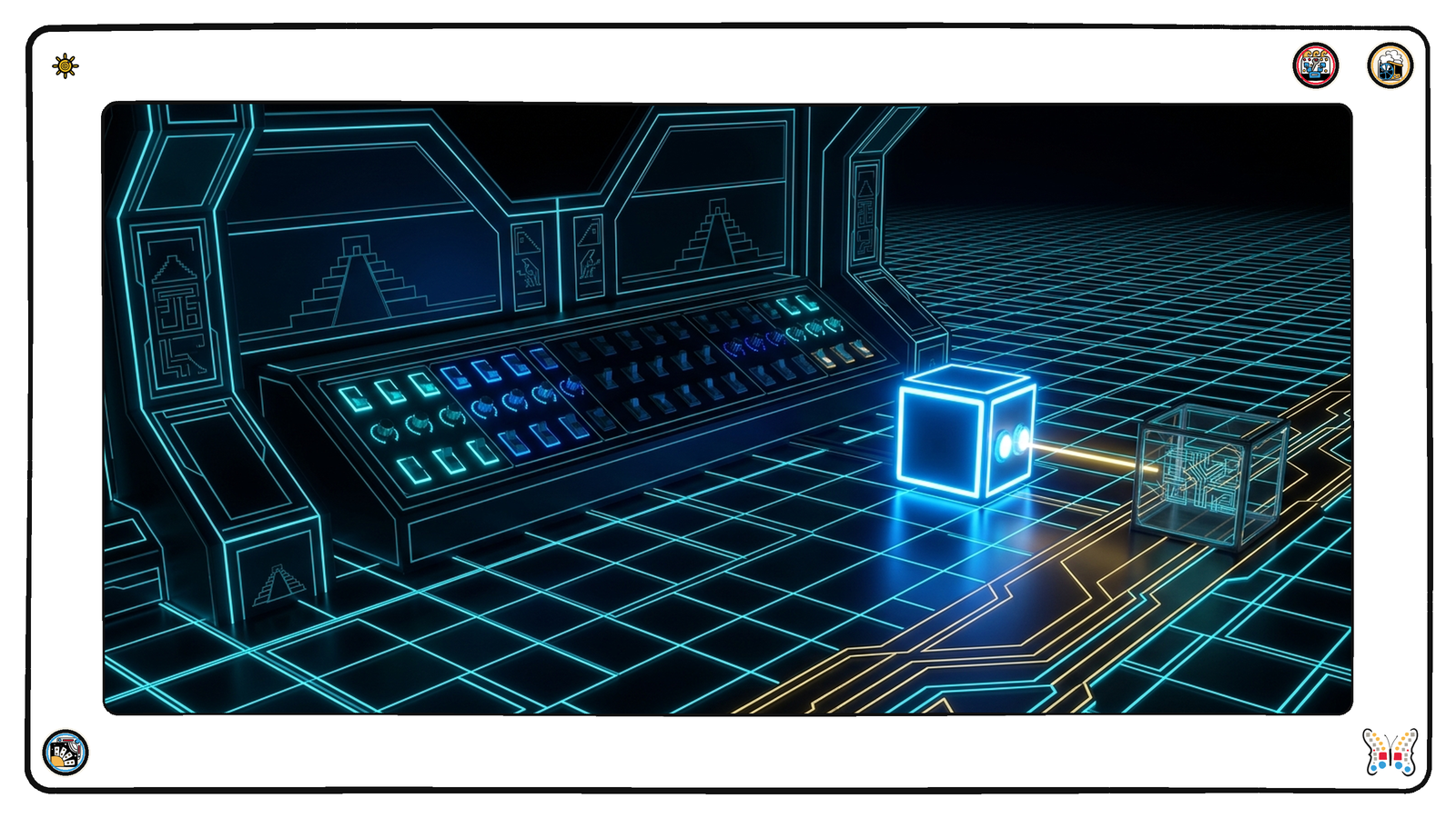 A dark neon workshop where a long console of dozens of small glowing switches and dials sits dimming, while beside it a single compact luminous cube with two bright ports sends one beam of light into a small sealed glass enclosure.