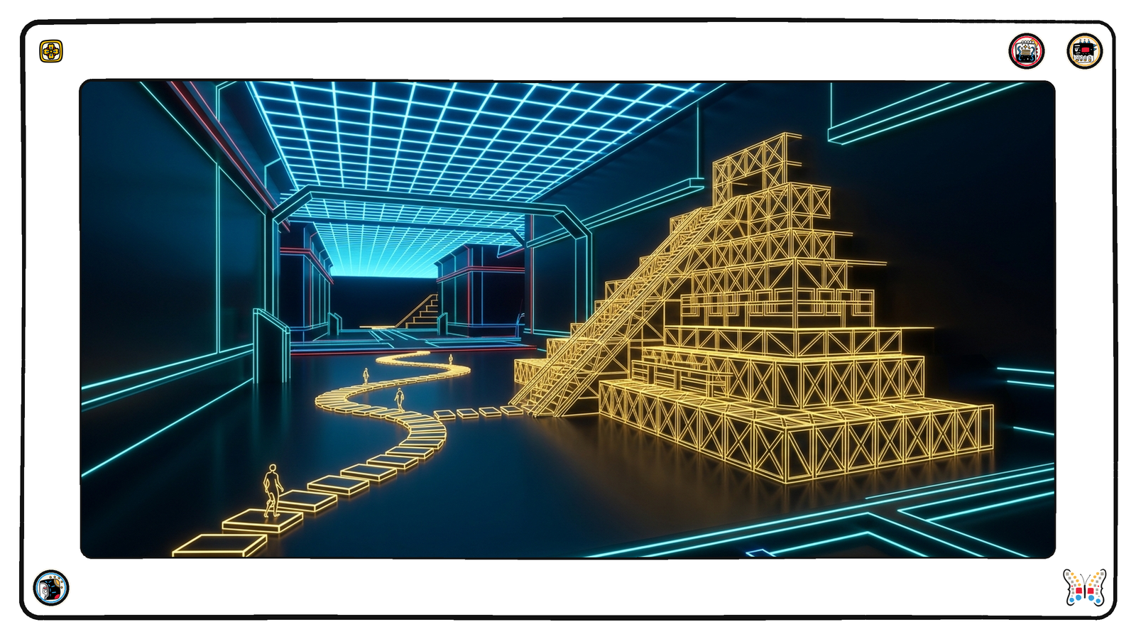 An underground hall beneath the neon grid where tiny figures walk a lit path of gold stepping stones while beside them a large gold lattice framework rises in stages against plain dark walls.