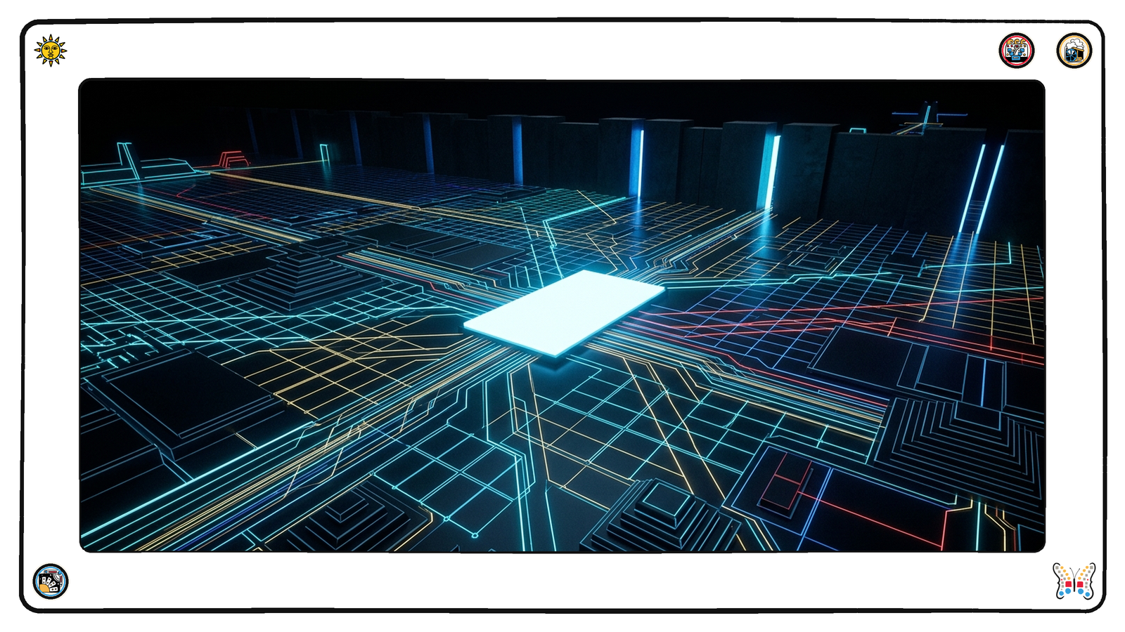A dark neon grid seen from above where fine threads of light converge on a single bright blank slab at the centre, while a long wall of heavy dark blocks lines the far horizon with a few narrow glowing gaps.