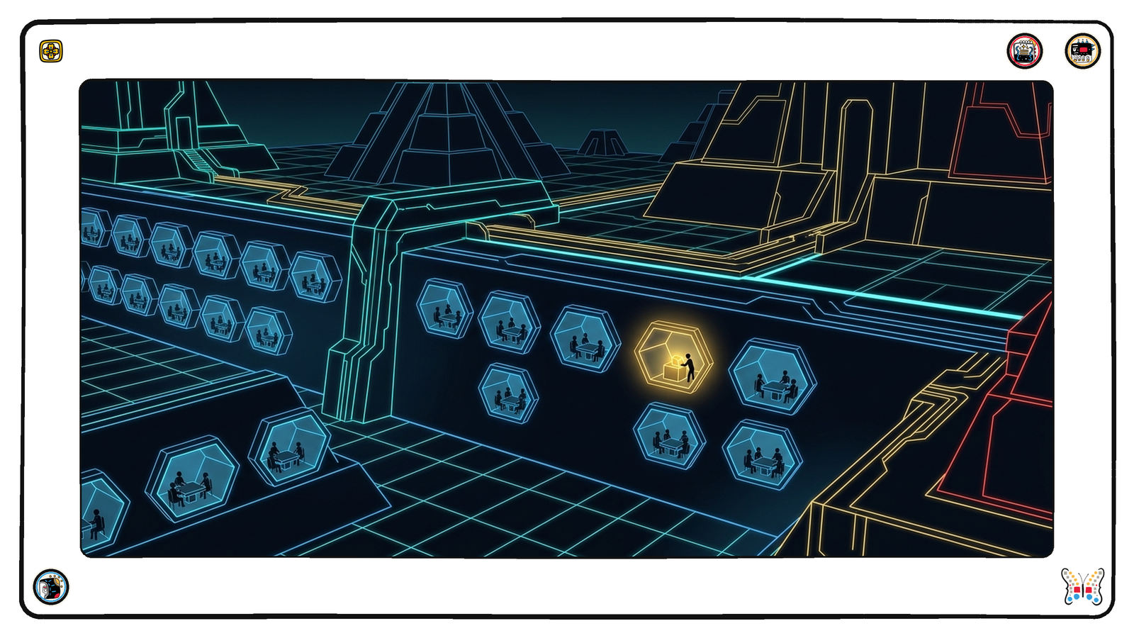 A long row of small hexagonal meeting chambers set into a dark foundation wall beneath the neon grid, each holding tiny figures around a table in cool blue light, and in just one chamber a small gold block glowing as a figure sets it into place.