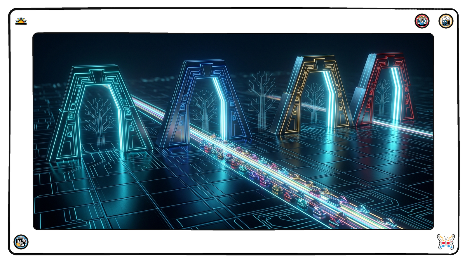 A dark neon grid where a row of towering angular gateway arches in teal, blue, gold and red stands along a single luminous causeway, a stream of small light-vessels running past them, and behind every arch the same faint branching tree of light, identical in each.