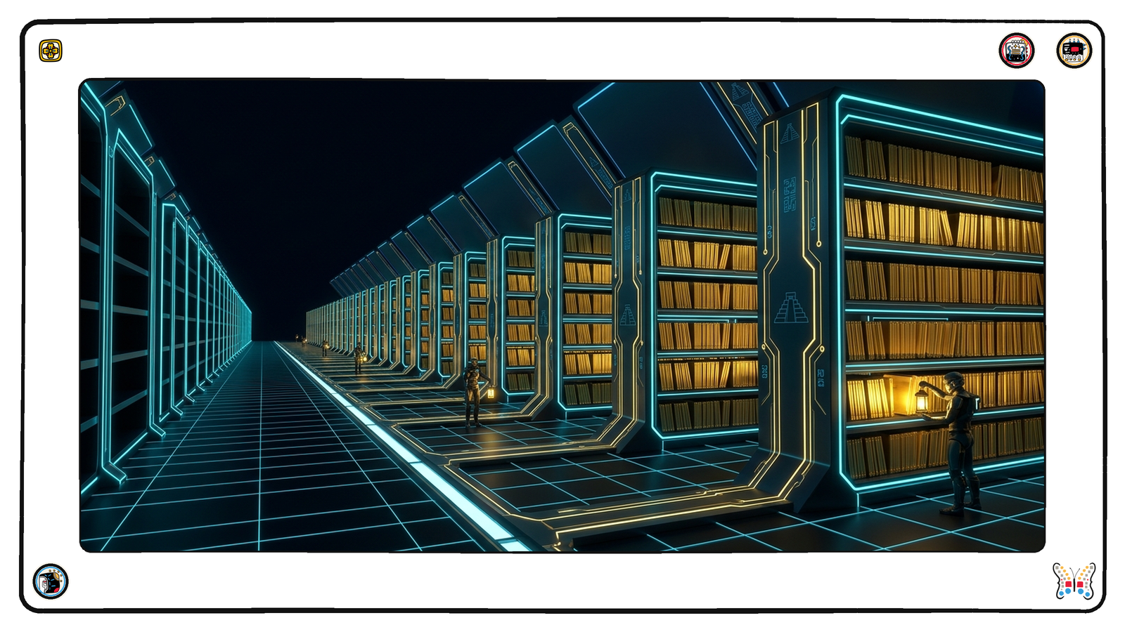 A long underground archive of stacked gold ledger plates beneath the grid, tiny figures with lanterns checking the seal on each plate, one section of shelving further along still empty and dark.