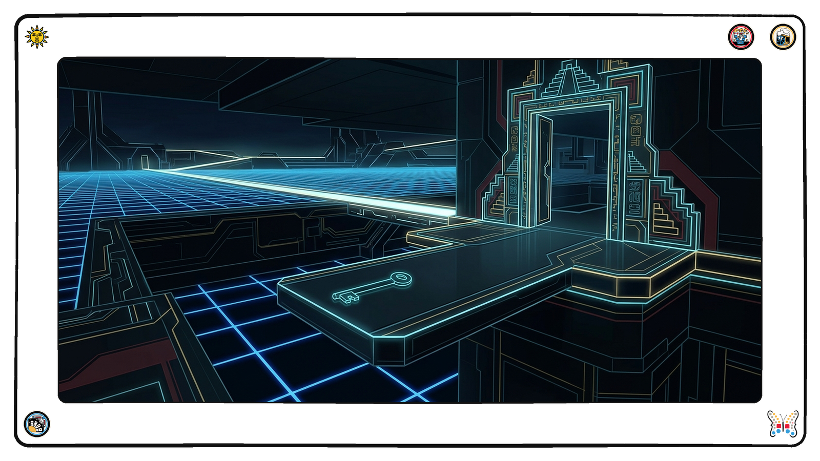 A dark neon vault chamber where a single glowing key lies on a bare terminal ledge, while beyond it an ornate lit doorway stands open onto an empty room.