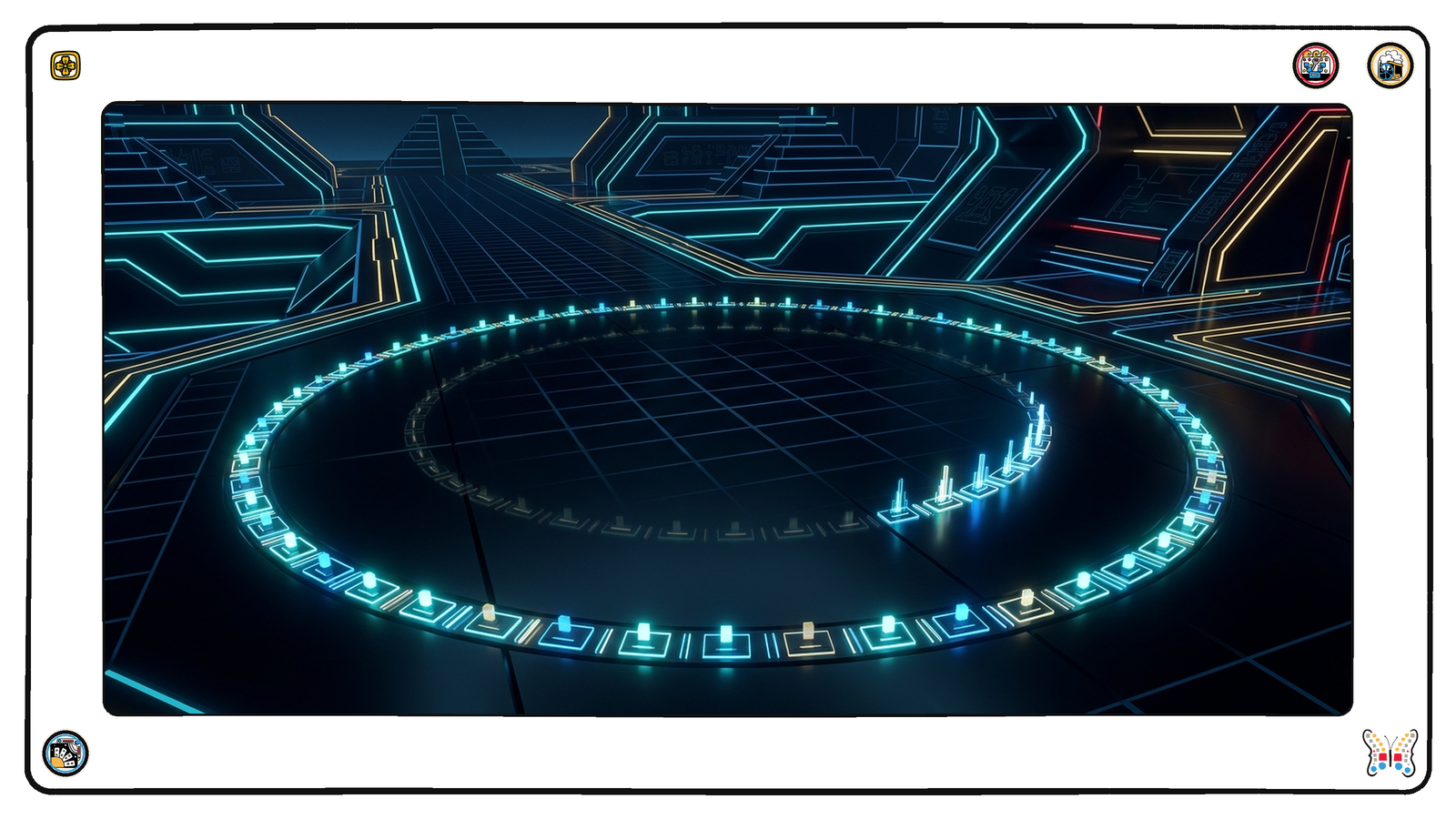 A dark neon observatory floor where a wide ring of beacons burns at an even, steady glow around a faint afterglow outline of an inner ring, one small cluster of beacons rising with a crisp new edge.