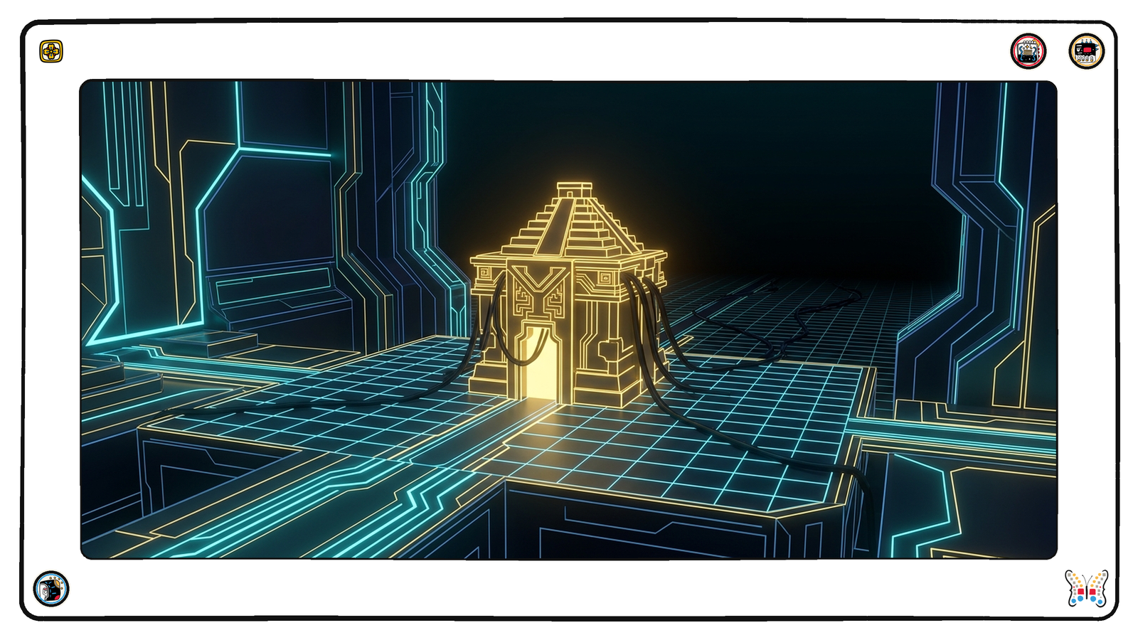 An intact glowing gold structure standing in a foundation chamber beneath the grid, several dark severed conduits hanging off its sides and lying unlit across the floor, reaching nothing.