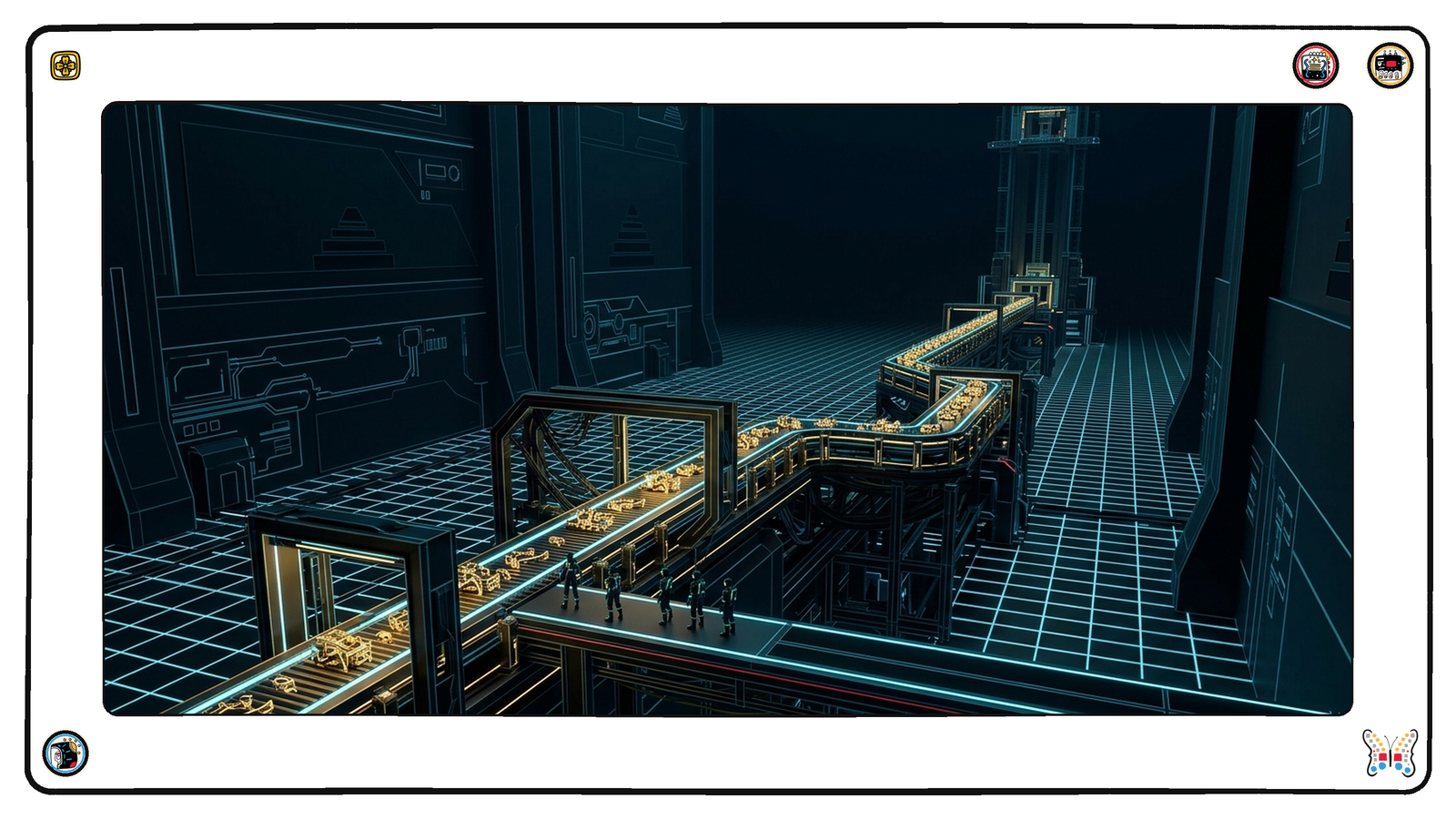 A long conveyor of gold components deep in the understructure beneath the grid, freed after a jam and moving again toward a lift at the far end, a small crew of tiny figures stepping back to watch.
