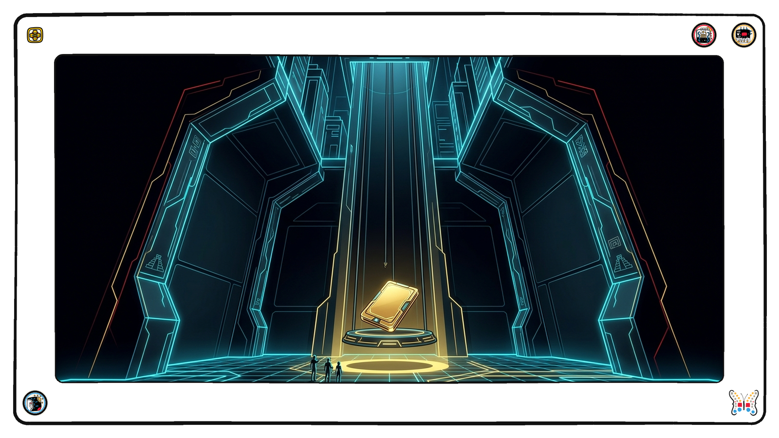 Deep beneath the neon grid, a finished gold tablet waits on a lit lift platform at the bottom of a tall shaft whose cables hang slack, while a few tiny figures look up toward the closed opening above.