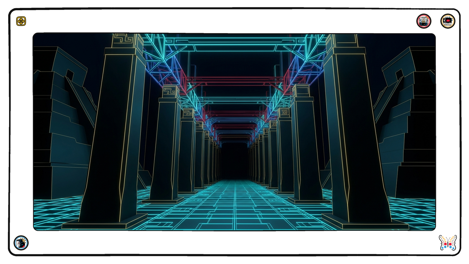 A long subterranean colonnade of tall blank dark monoliths receding into blackness, their edges traced in cold gold, standing silent while the load-bearing neon grid runs on past them.