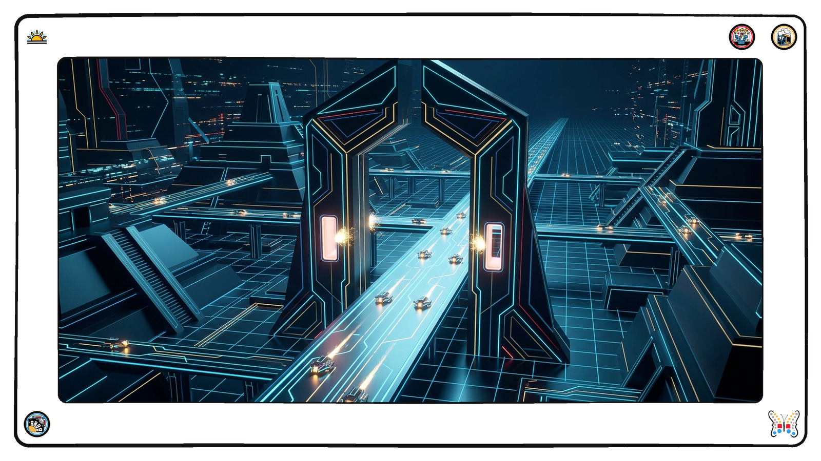 A dark neon city of angular structures where a tall gateway arch stands over a luminous causeway, a small glowing slot set into each pillar sparking as a stream of small light-vessels passes through.