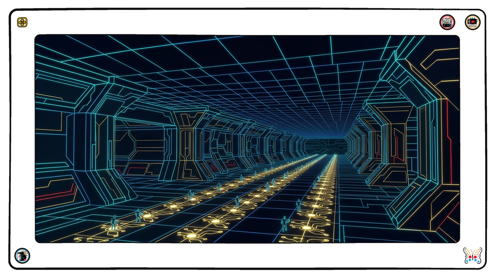 An underground junction hall beneath the neon grid where rows of glowing gold nodes stretch into the distance and tiny figures move along the rows fitting each node with a small point of identifying light.