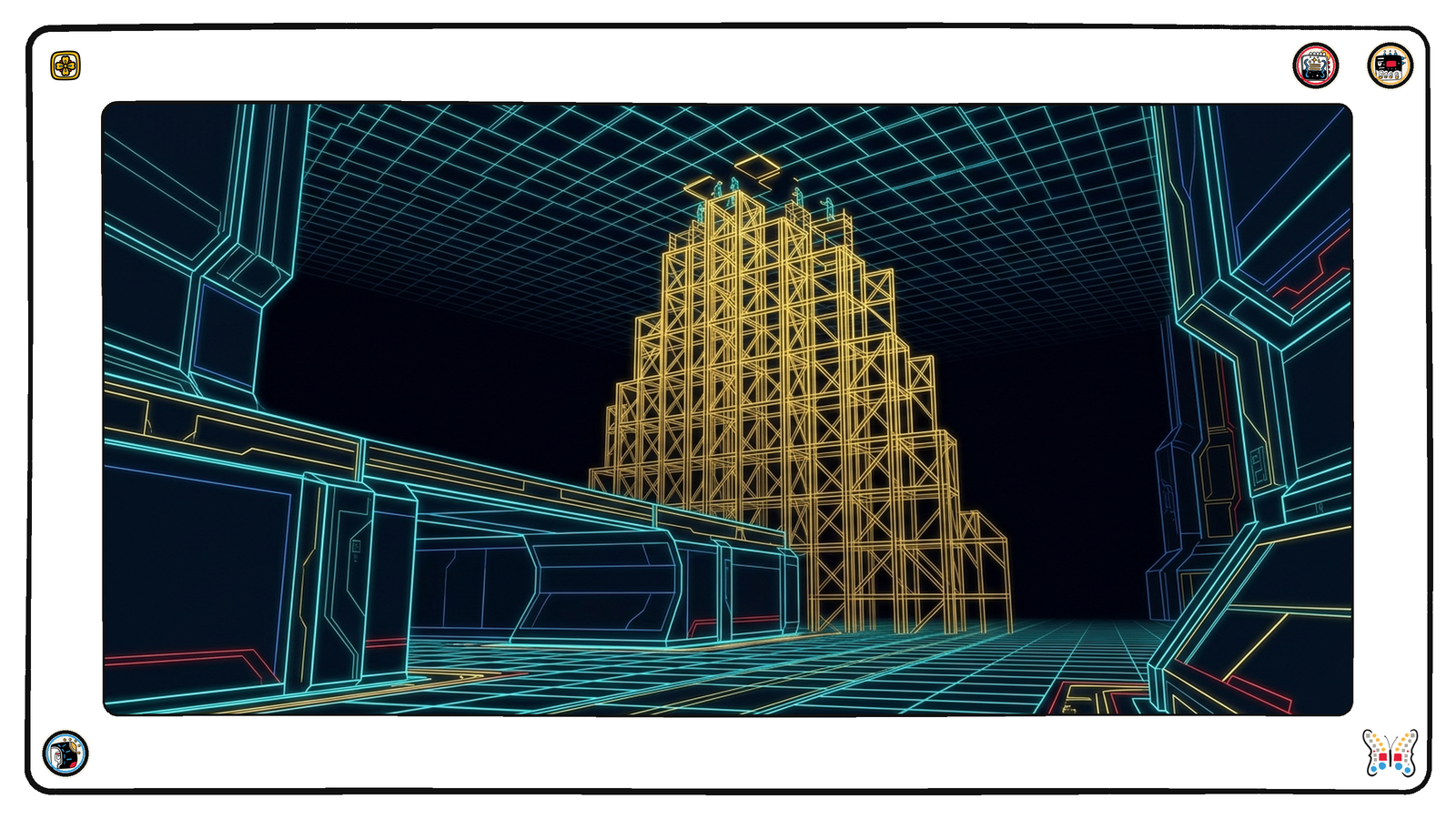 An underground hall beneath the neon grid where a tall gold lattice framework stands nearly complete, a few tiny figures on the scaffolding near its top fitting the last pieces.