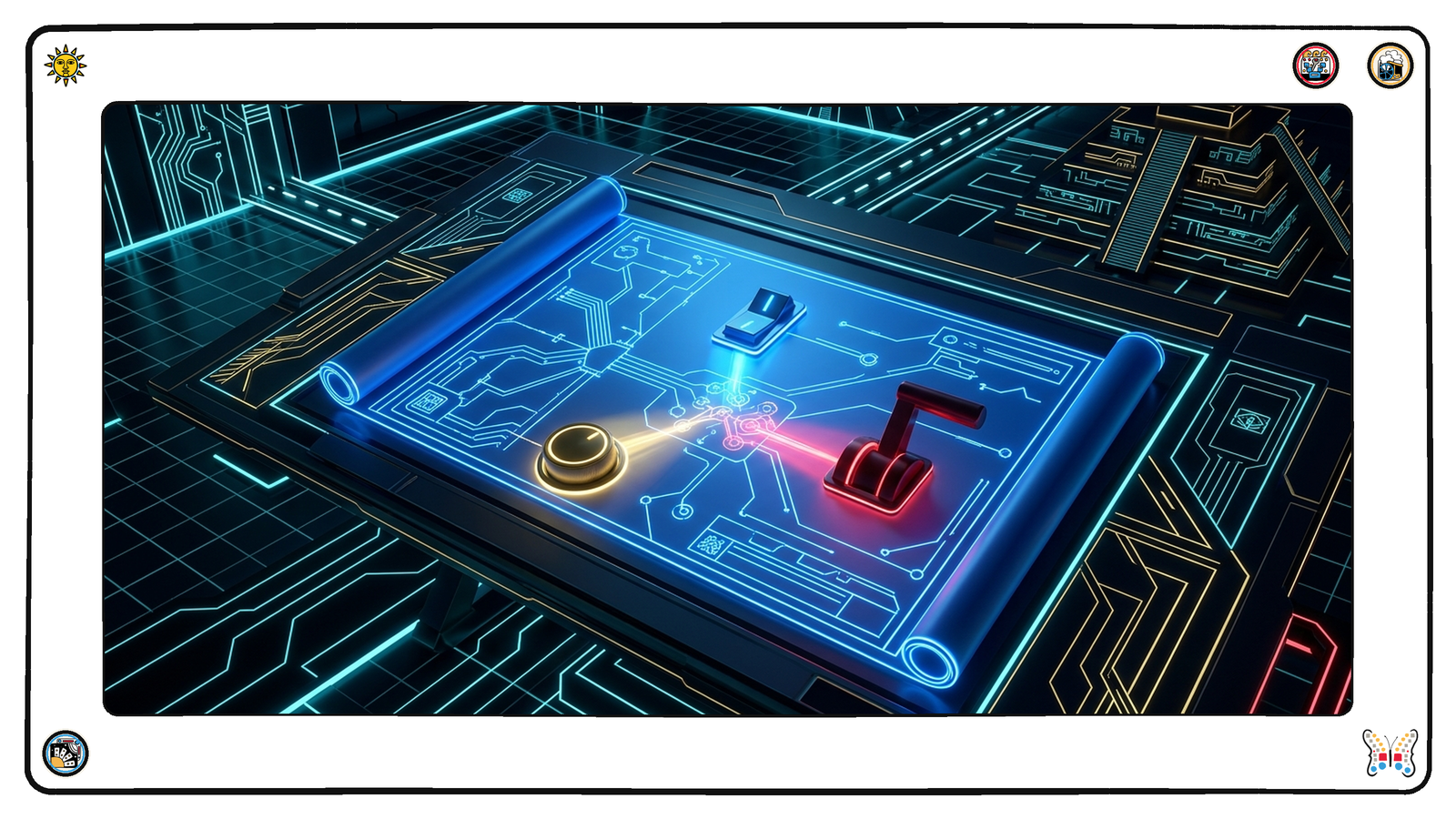A dark neon drafting table where one luminous blueprint lies unrolled with three different controls on it, a toggle, a dial and a lever, each casting a different coloured beam onto the same point.