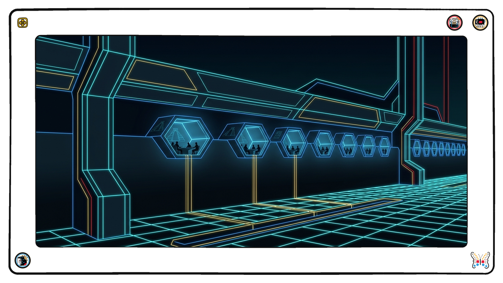 A long row of small hexagonal meeting chambers set into a dark foundation wall beneath the neon grid, tiny figures around tables in cool blue light, and from three of the chambers a thin gold line running down into a common channel in the floor.
