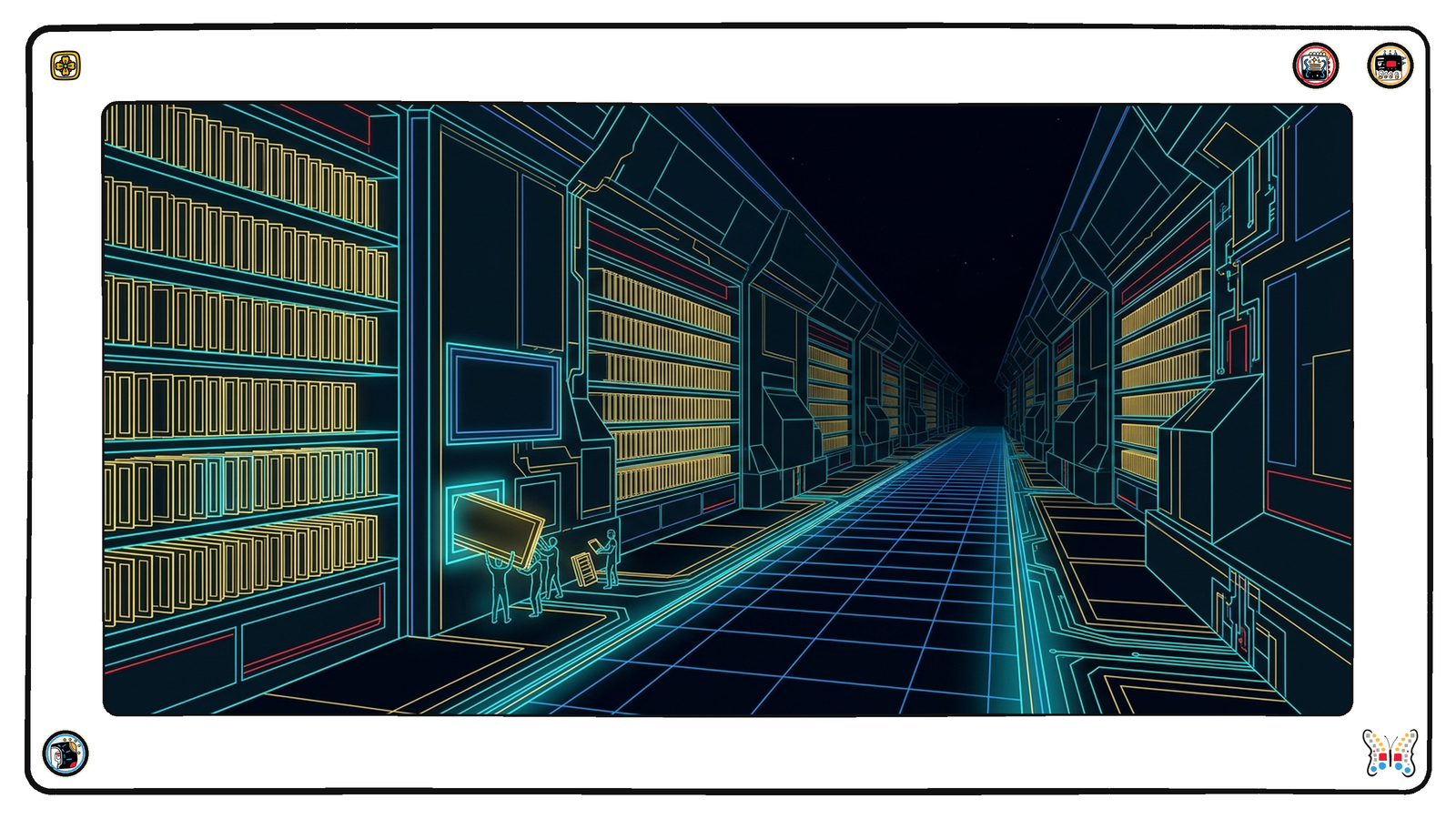 A long underground archive of stacked gold ledger plates beneath the grid, where tiny figures slide a newly cast plate into a freshly built shelf section.