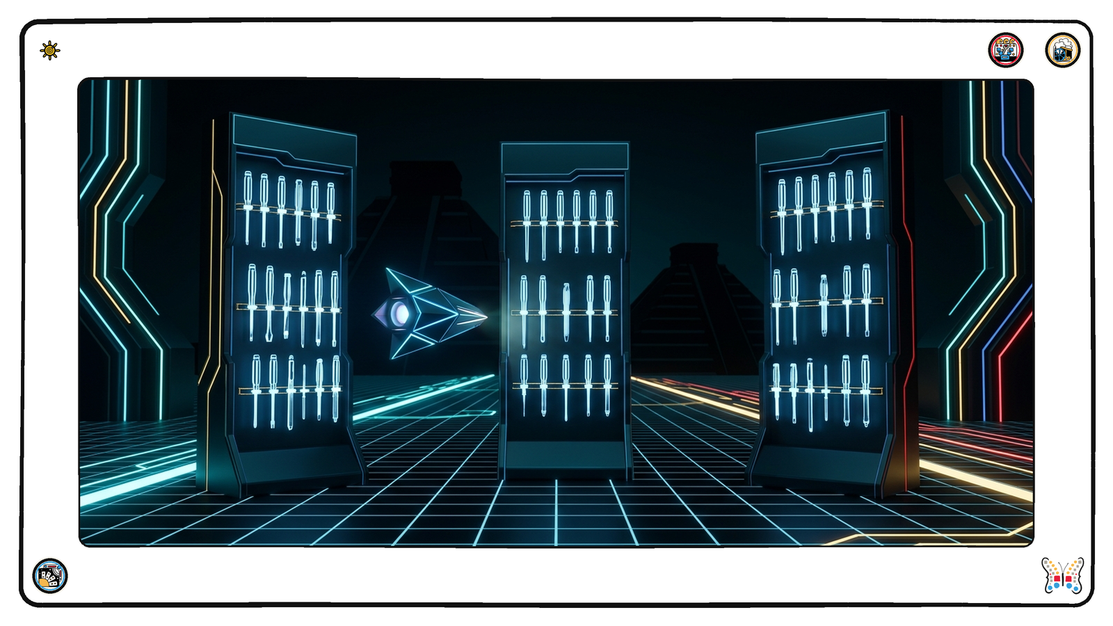 A dark neon workshop where three tall racks stand side by side holding the same luminous tools, and a small angular light-vessel hovers between them, choosing.