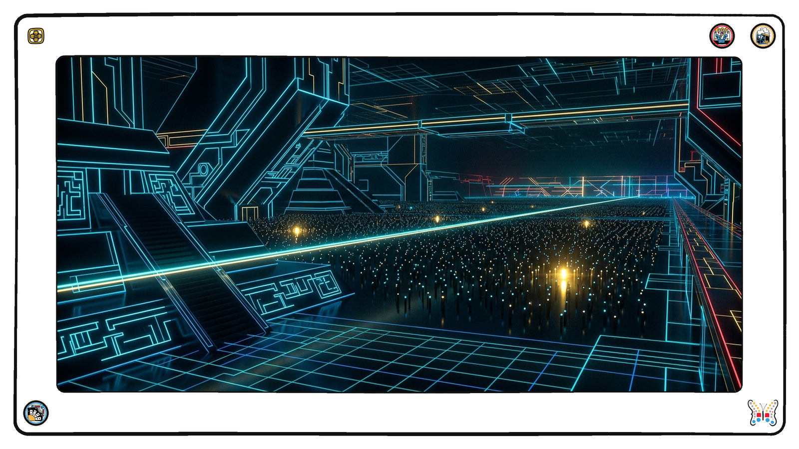 A dark neon hall opening onto a vast field of tiny beacons, almost all of them dim and only a rare few burning gold, while one thin scanning beam cuts across the whole field.