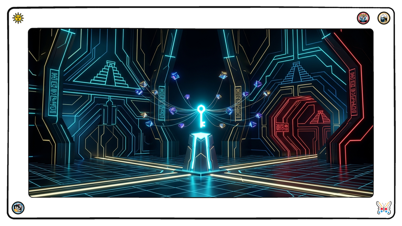 A dark neon vault hall where a single bright key rests on one central pedestal, and a ring of small light-vessels hovers around it, every one tethered to that same key by a thin thread of light.