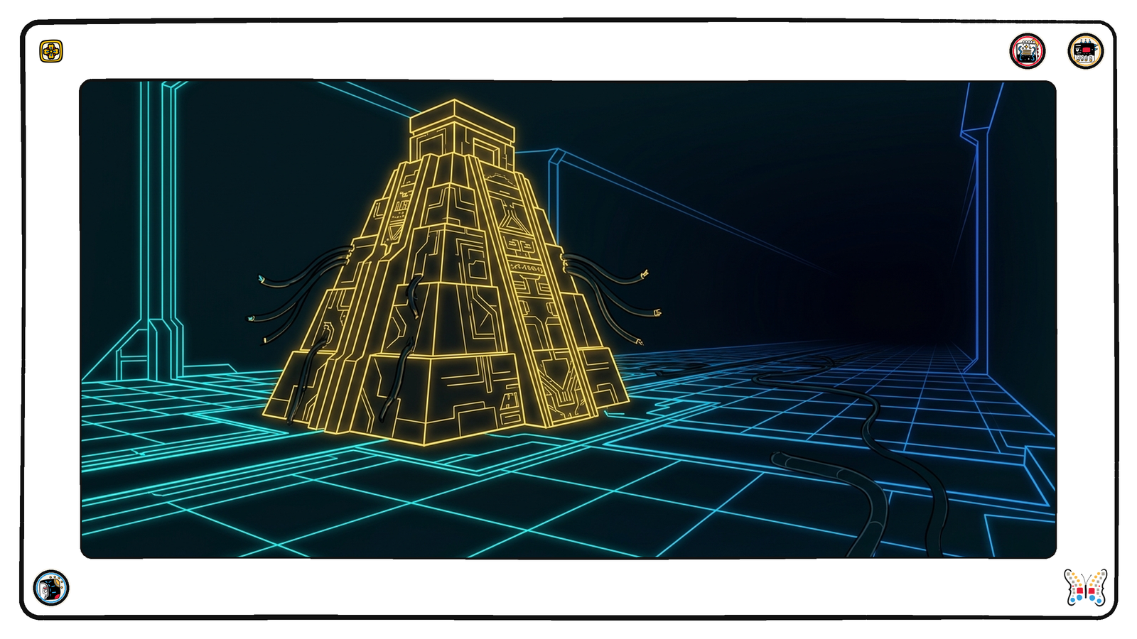 An intact glowing gold structure standing in a foundation chamber beneath the grid, dark severed conduits hanging off its sides and lying unlit across the floor, reaching nothing.