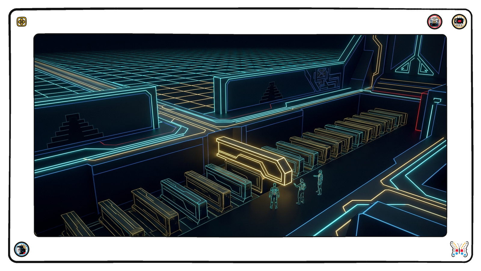 A deep foundation workshop beneath the neon grid where a single new gold beam of a different shape has just been slotted into a long row of older beams, a small crew of tiny figures stepping back from the joint.