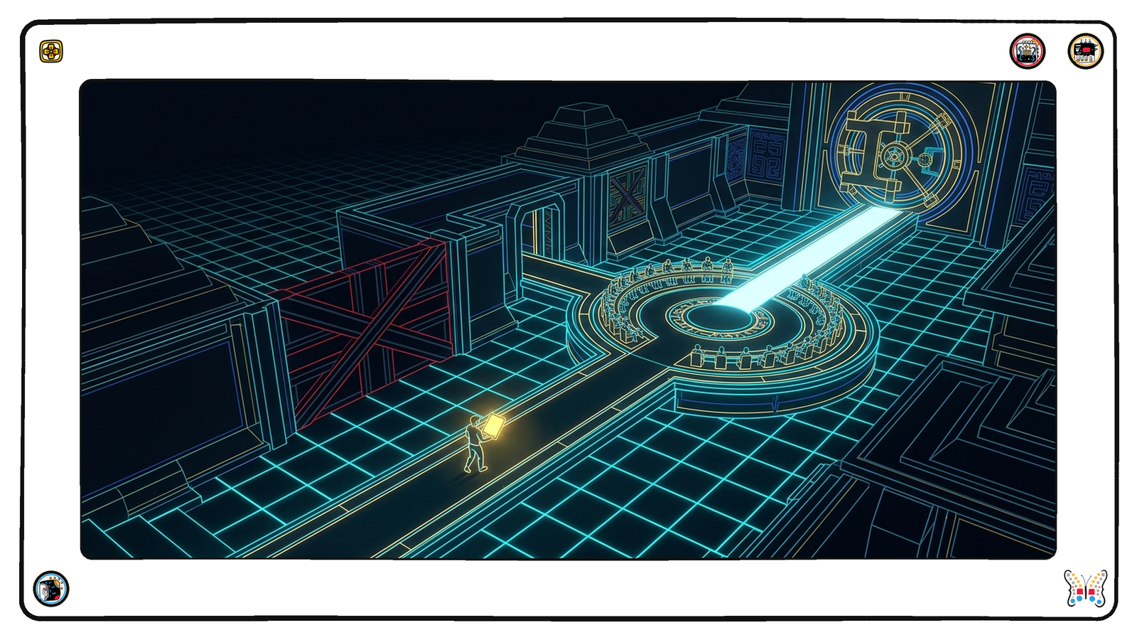 Beneath the neon grid, a small figure carries a glowing gold tablet down a corridor toward a heavy round vault door, the only way to it running through a round lit council chamber where tiny figures sit in a ring, a side passage sealed off.