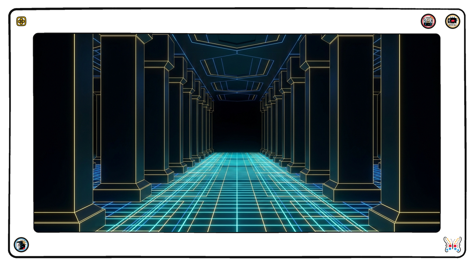 A long subterranean colonnade of tall plain dark monoliths receding into blackness, their edges traced in cold gold, most of them unlit and silent while the load-bearing neon grid floor runs on past them.