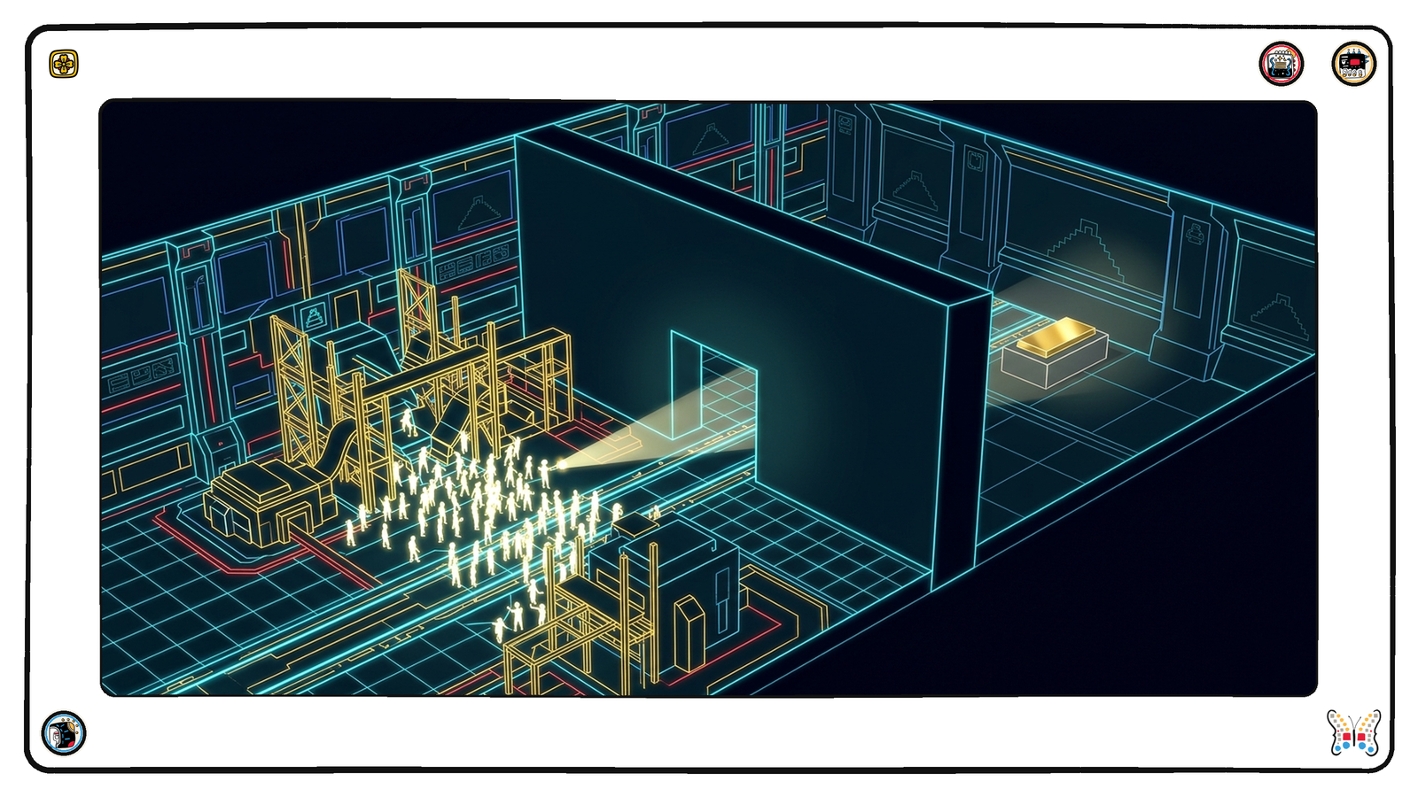 Two parallel underground halls beneath the grid separated by a thick wall: a bright crowd of tiny figures swarms over gold scaffolding in the near hall, while through an opening the far hall holds a single quiet gold slab, and a lantern beam has just swung toward it.