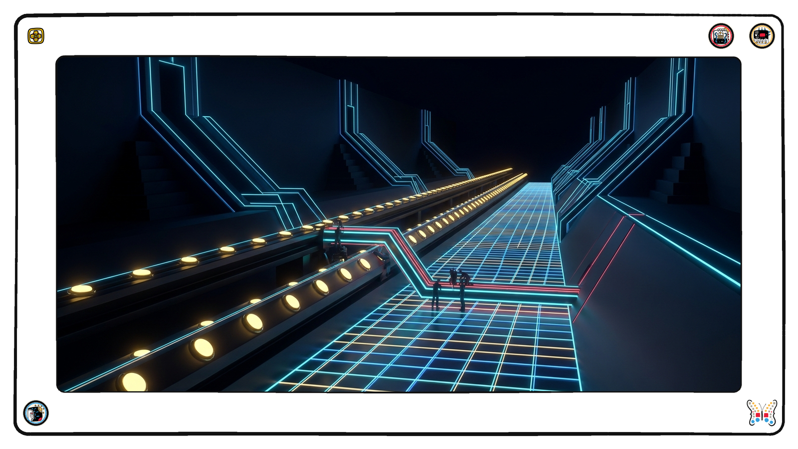 An underground junction hall beneath the neon grid where rows of glowing gold nodes stretch into the distance and a single new conduit is being fed into the row from the side, tiny figures splicing it in.