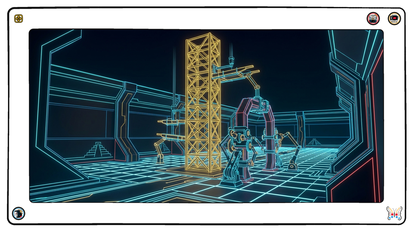 An underground hall beneath the neon grid where a tall gold lattice framework stands complete with its scaffolding coming down, and beside it a new, smaller frame is being raised in a different shape, wrapped in machinery.