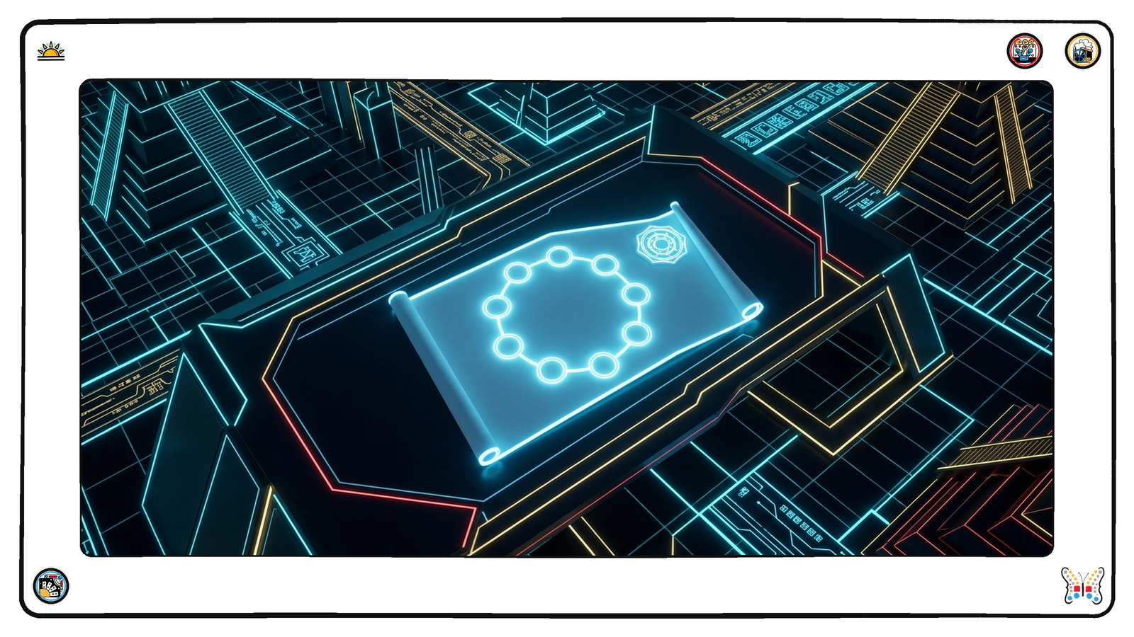 A dark neon cartographer's table seen from above where a single luminous blueprint lies unrolled, a bright ring of nine connected nodes at its centre, and a small glowing badge resting at the edge of the map.