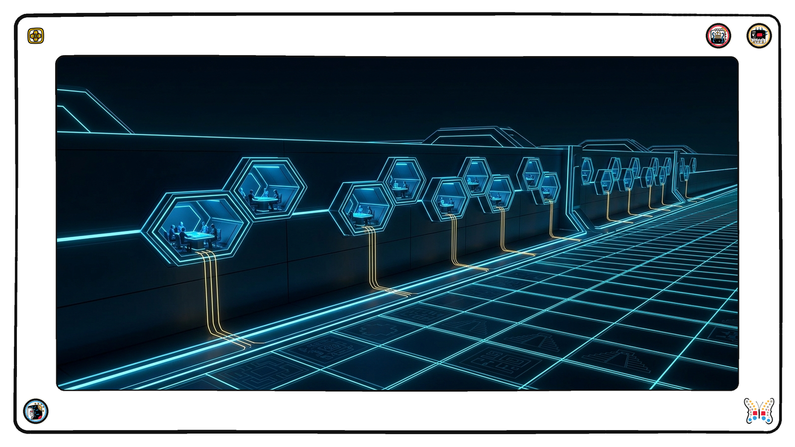 A long row of small hexagonal meeting chambers set into a dark foundation wall beneath the neon grid, tiny figures around tables in cool blue light, and from several of the chambers a thin gold line running down into a common channel in the floor.